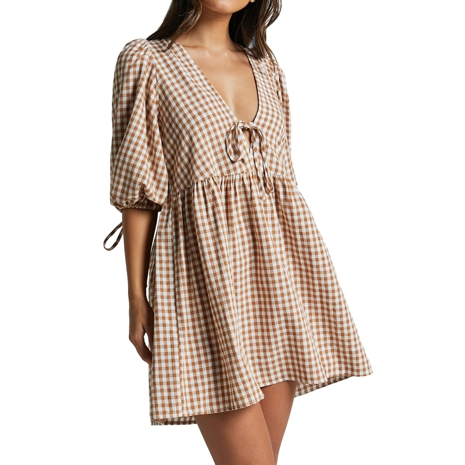 Feclmiyt Women's Gingham Puff Sleeve Mini Dress V Neck Tie Front Plaid Loose Dress Summer Flowy Babydoll Dresses Streetwear (A-White, S)