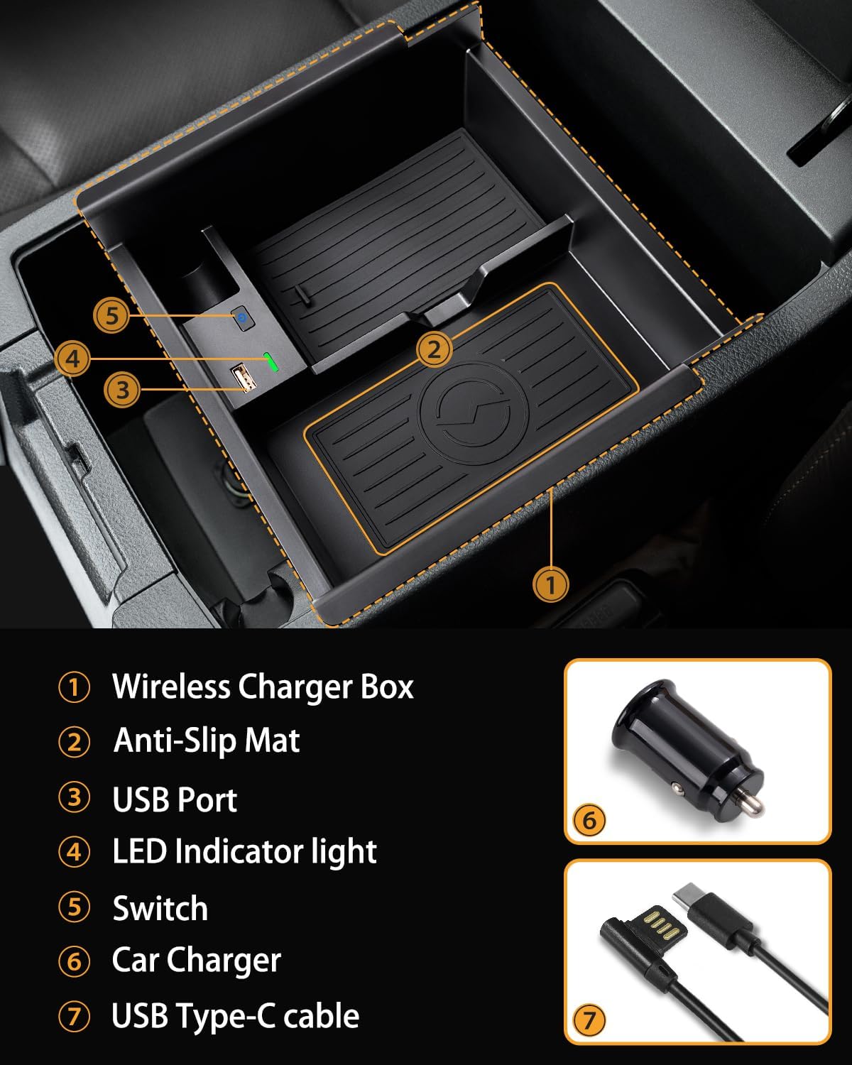 CarQiWireless 2024 Upgrades Wireless Charger/Center Console Organizer Tray for Toyota 4runner 2010-2024 2023, Wireless Phone Charging Pad for Toyota 5th Gen SR5 TRD Truck Accessories 2021 2020