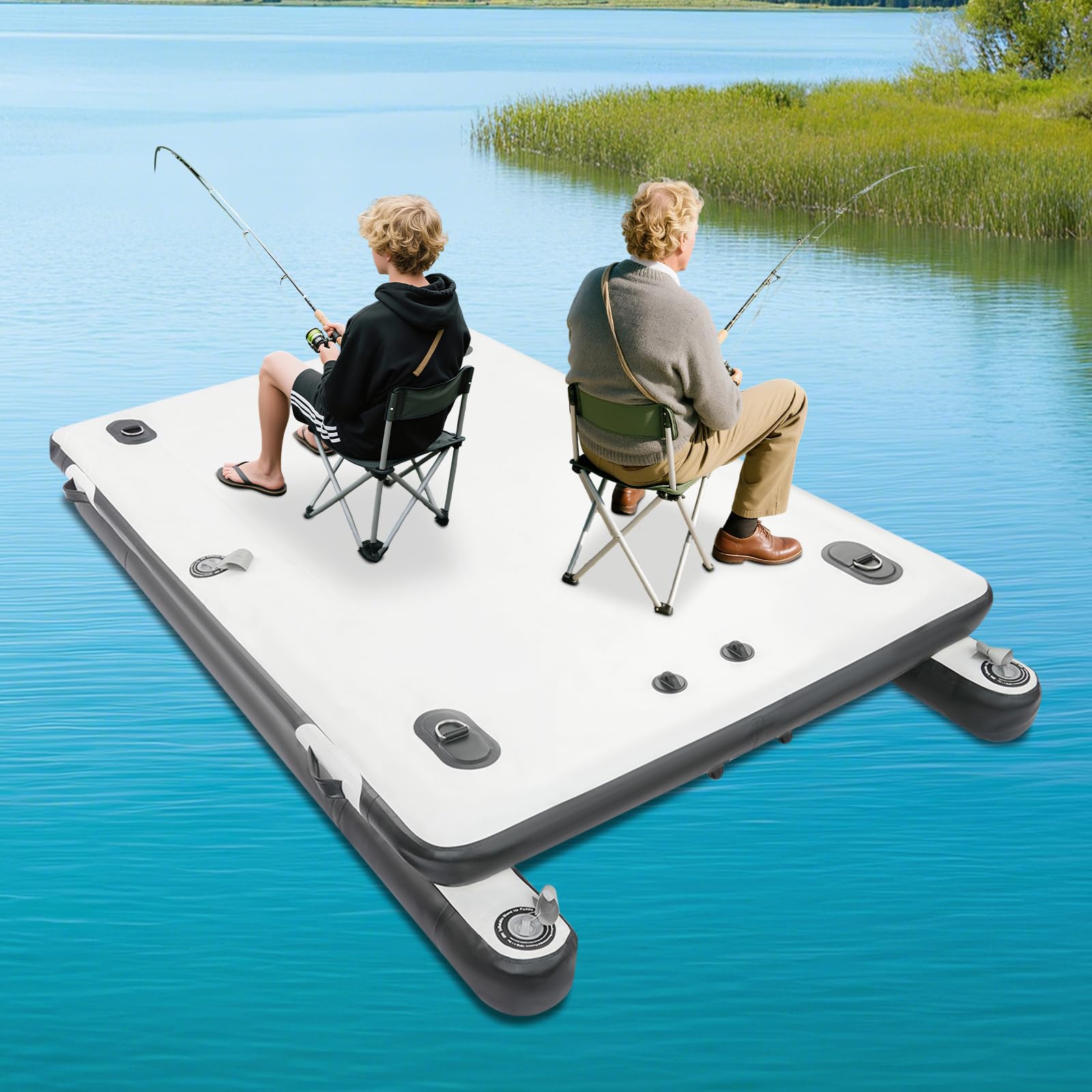 Piattaforma galleggiante gonfiabile, portata 400 kg, barca da pesca gonfiabile, con pompa ad aria a doppia azione, con fuoribordo per pesca, lago, piscina (250 x 160 x 15 cm)