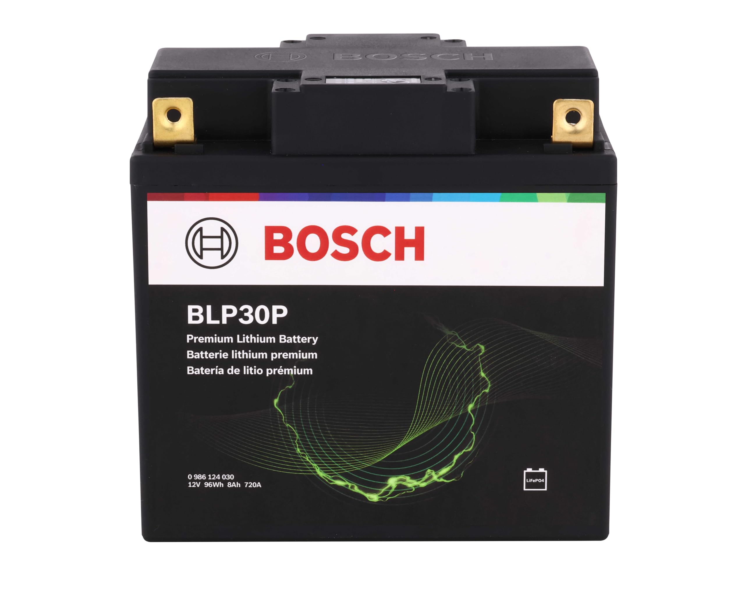 BOSCH BLP30P Premium Lithium PowerSport Battery - Group 30, 12V, 480 CA | Fast Charging and 4X Longer Life - Ideal for Motorcycles, ATV/UTVs, Scooters, Jet Skis + More; 6.57"L x 4.88"W x 6.42"H
