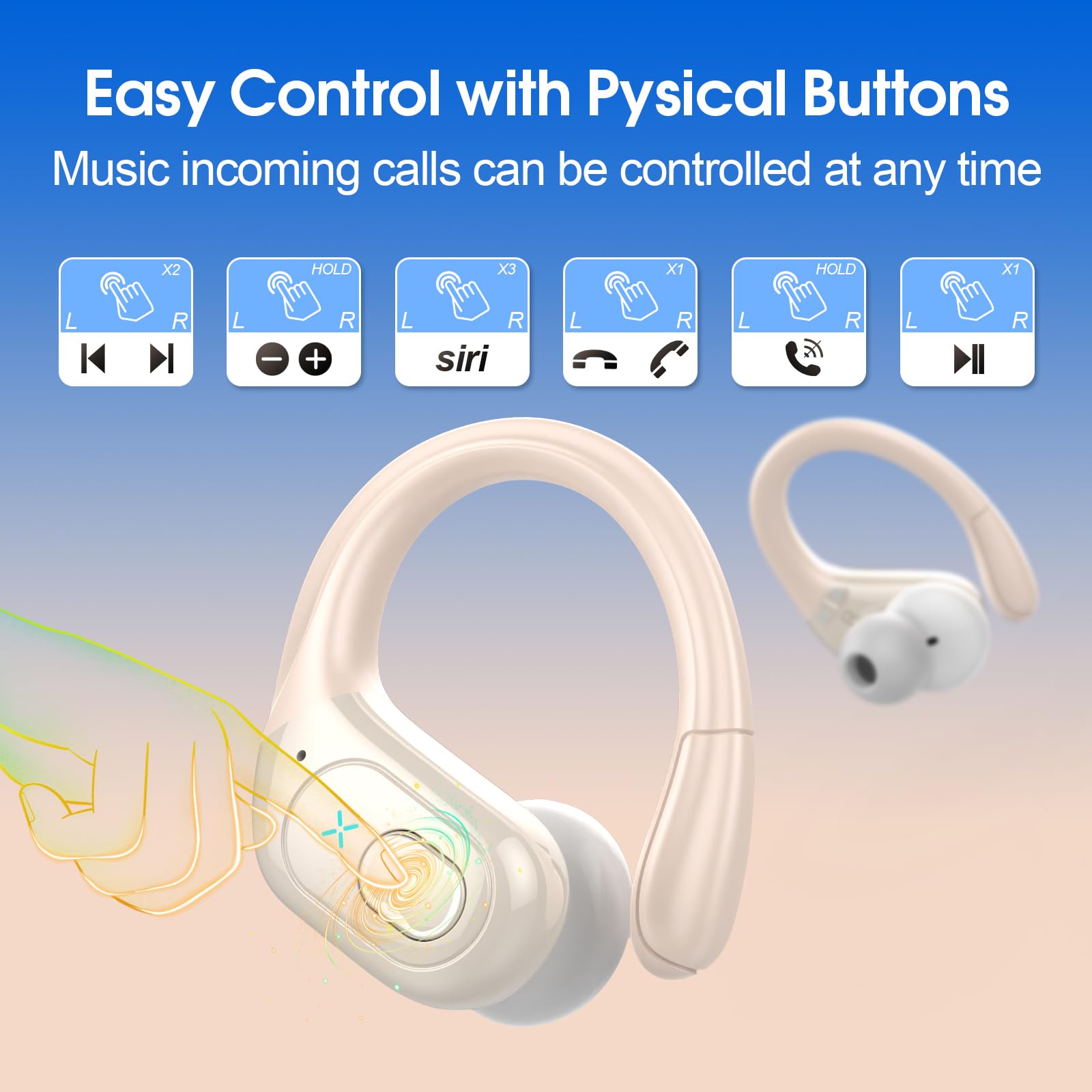 Aptkdoe Auricolari in-ear, senza fili, per sport, Bluetooth 5.4, con microfono ENC, 75 ore di autonomia, personalizzazione tramite app, stereo Hi-Fi, impermeabili IP7, con ganci per le orecchie, per