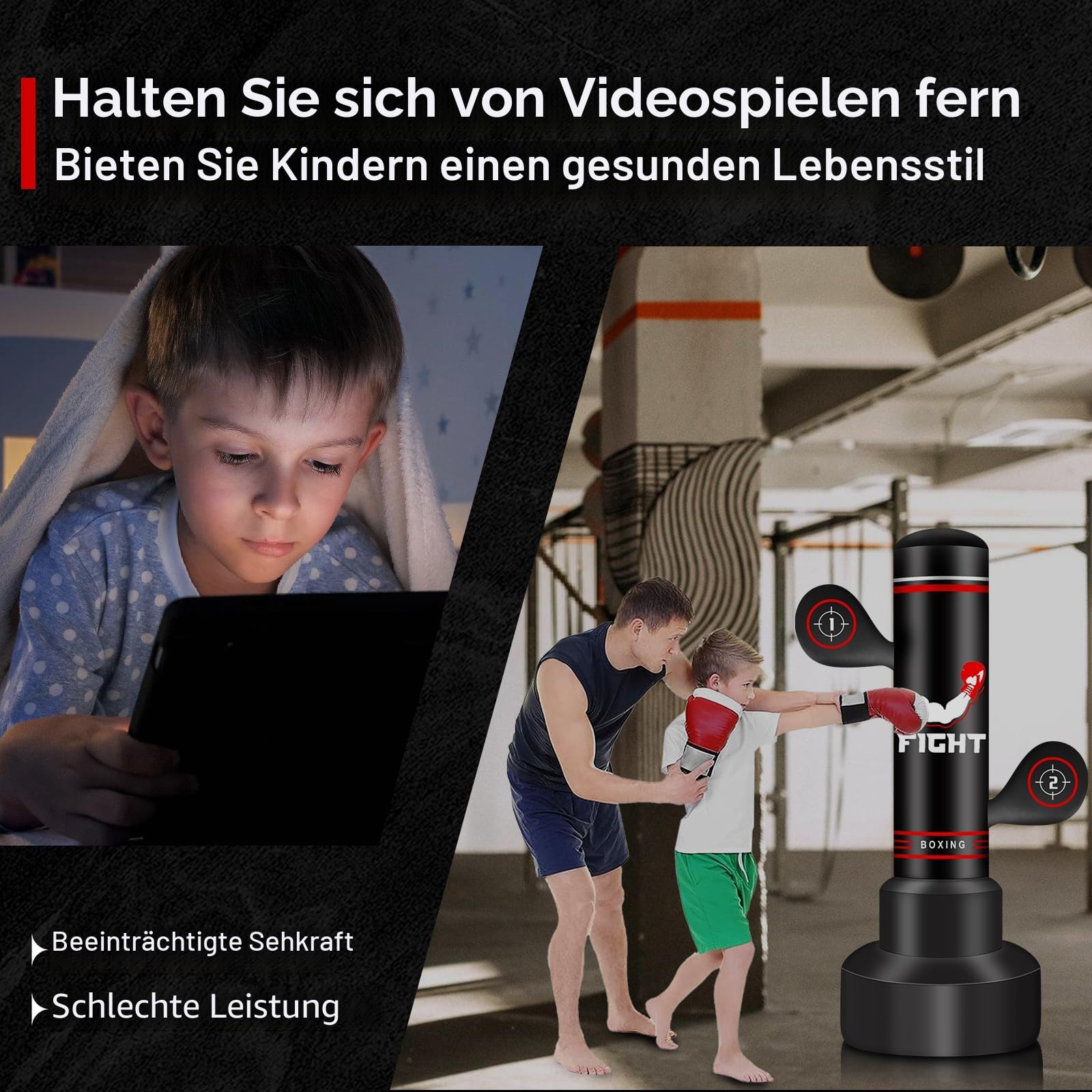 NZQXJXZ Verbesserter Boxsack Stehend für Erwachsene, 180cm Schwerer Boxsack mit Boxhandschuhen, Pumpe, Springseil und Reflexball, aufblasbarer Standboxsack für Männer zum Training von MMA, Fitness