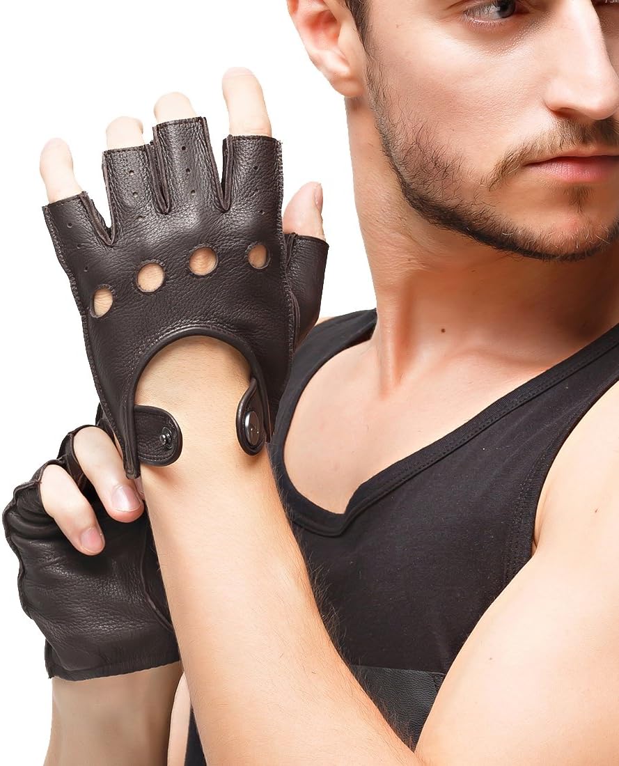 Mens Deerskin Fingerless Leather Driving Gloves Unlined Half Finger Cycling Riding by Nappaglo