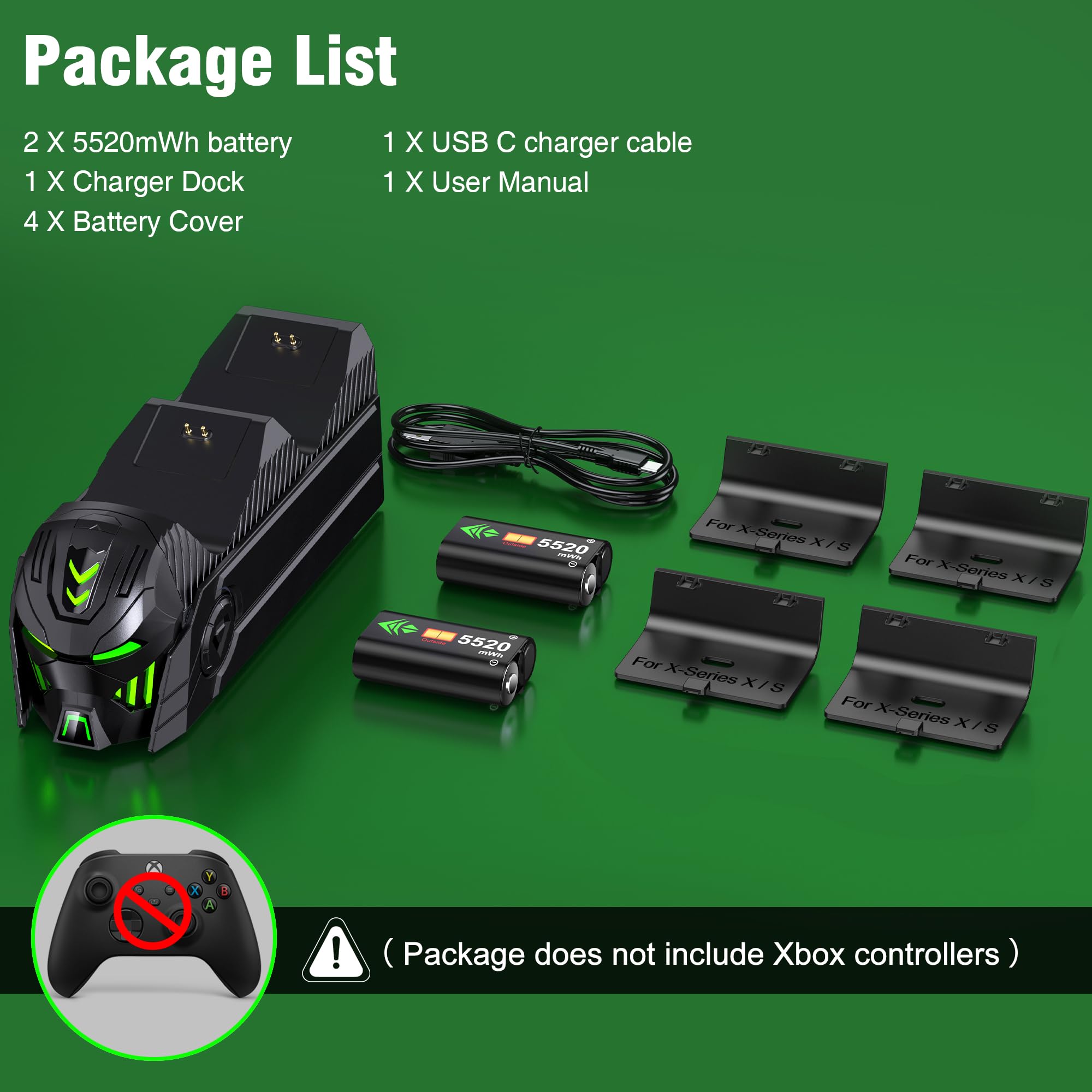 Stazione di ricarica per controller ricaricabile con 2 batterie da 5520 mWh compatibile con Xbox Series X/S/Xbox One/One X/One S Elite, kit di archiviazione accessori controller con 4