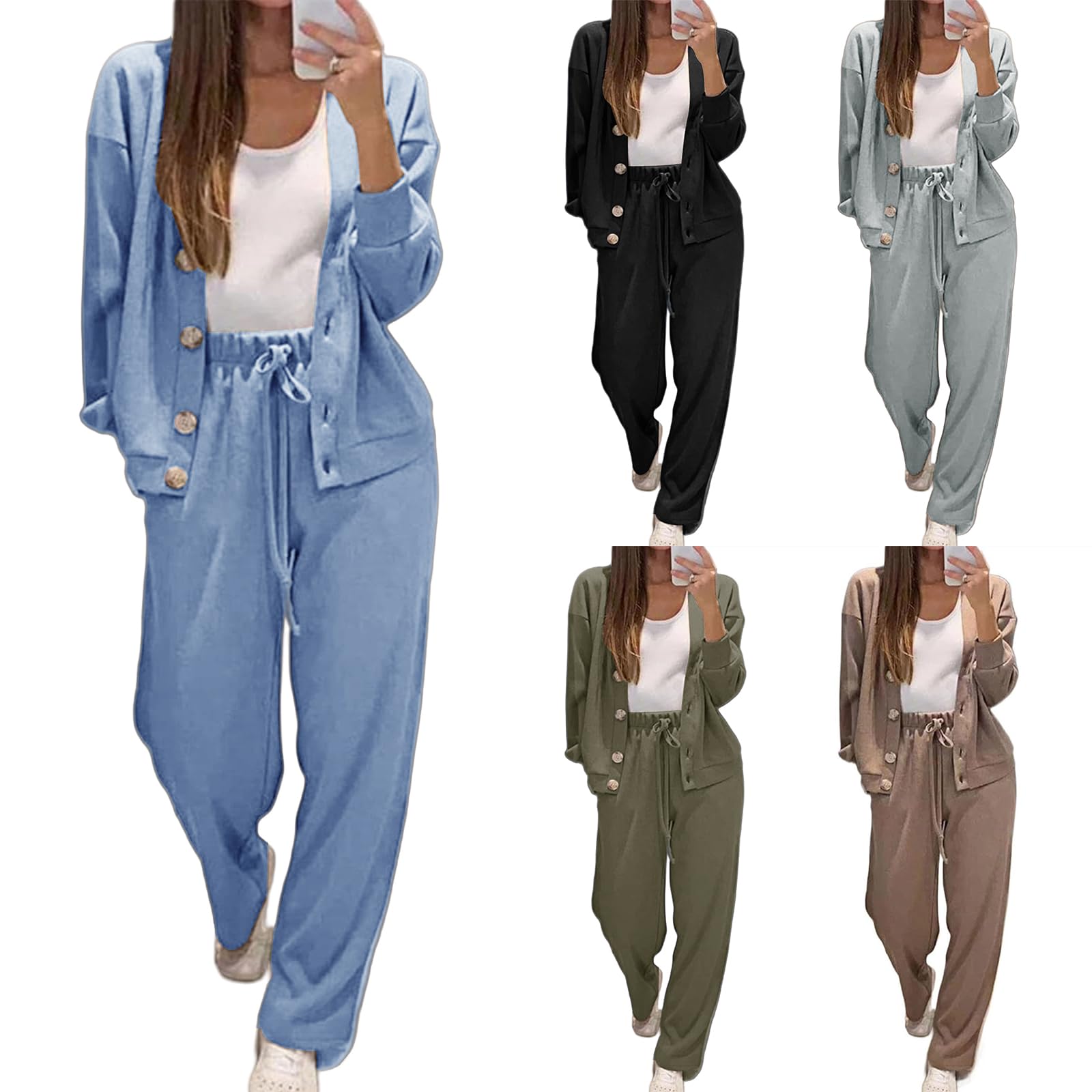 Two Piece Lounge Sets for Women Button Down Shirts Jackets Wide Leg Pants Tracksuit Matching Winter Clothes