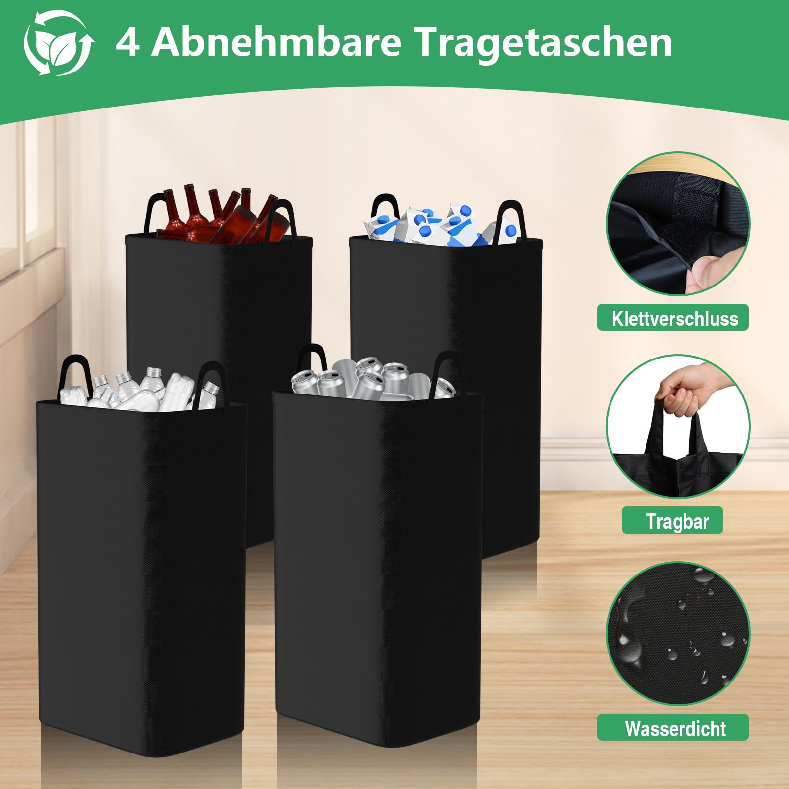 Collecteur de Bouteilles consignées 140L avec 2 Compartiments et Couvercle, Conteneur Pliable XXL avec 4 Sacs de Transport Amovibles, Idéal pour Le Stockage Efficace des Bouteilles vides