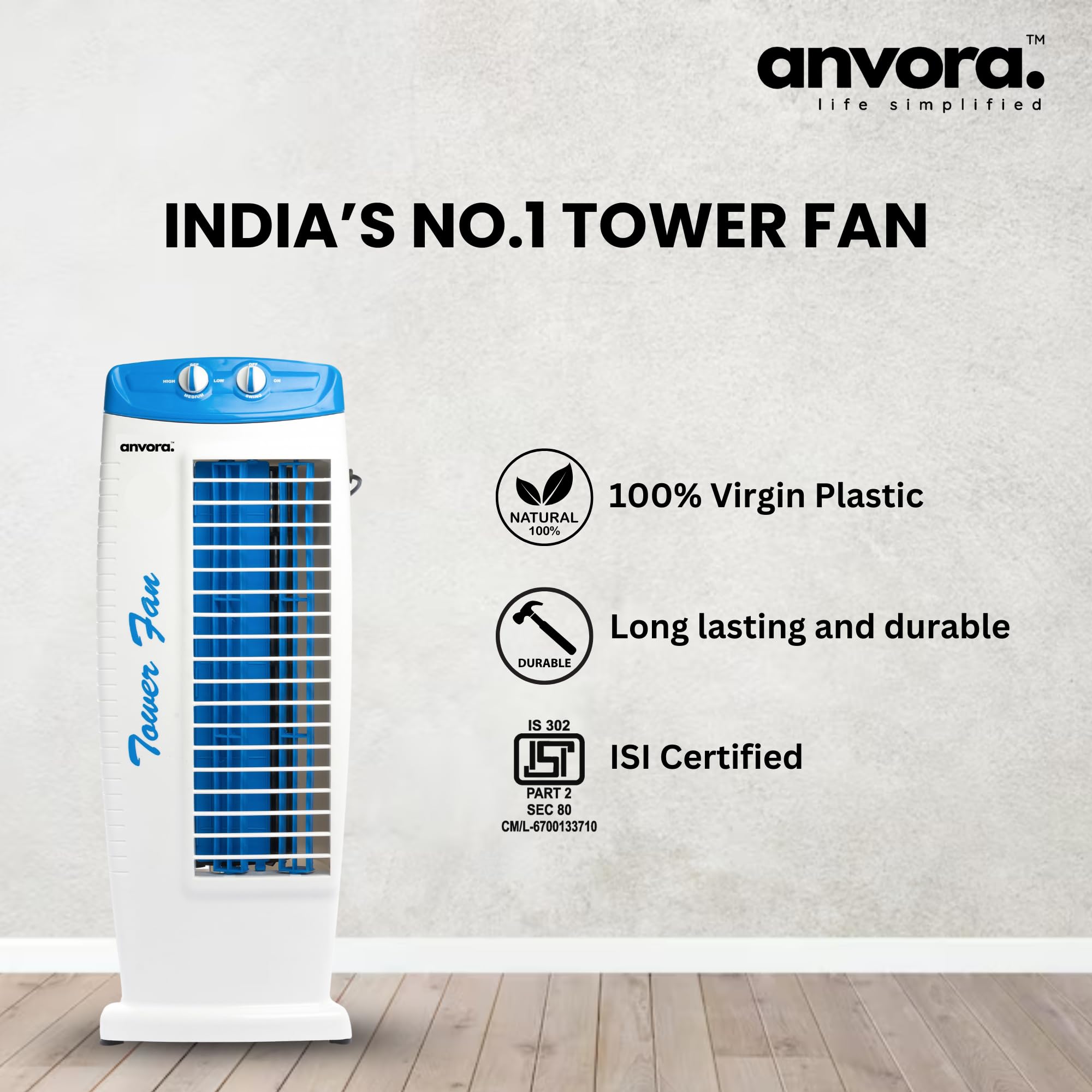 ANVORA Breeze Max Tower Fan | High air throw of 2250 m3/hr | TOP safety and 3 Speed - 2 Way Air Swing | 1 year warranty | Blue White 1