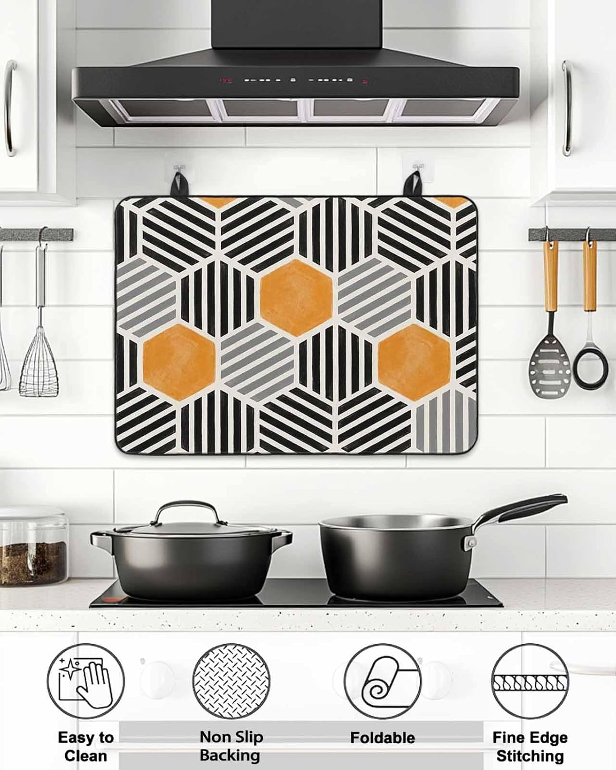 Stove Top Cover Black Orange Hexagon Stove Cover for Electric Stove Top Abstract Geometric Art Glass Cooktop Covers Anti-Slip Mat Heat R esistant Countertop Protector Kitchen Decor 31"x24"