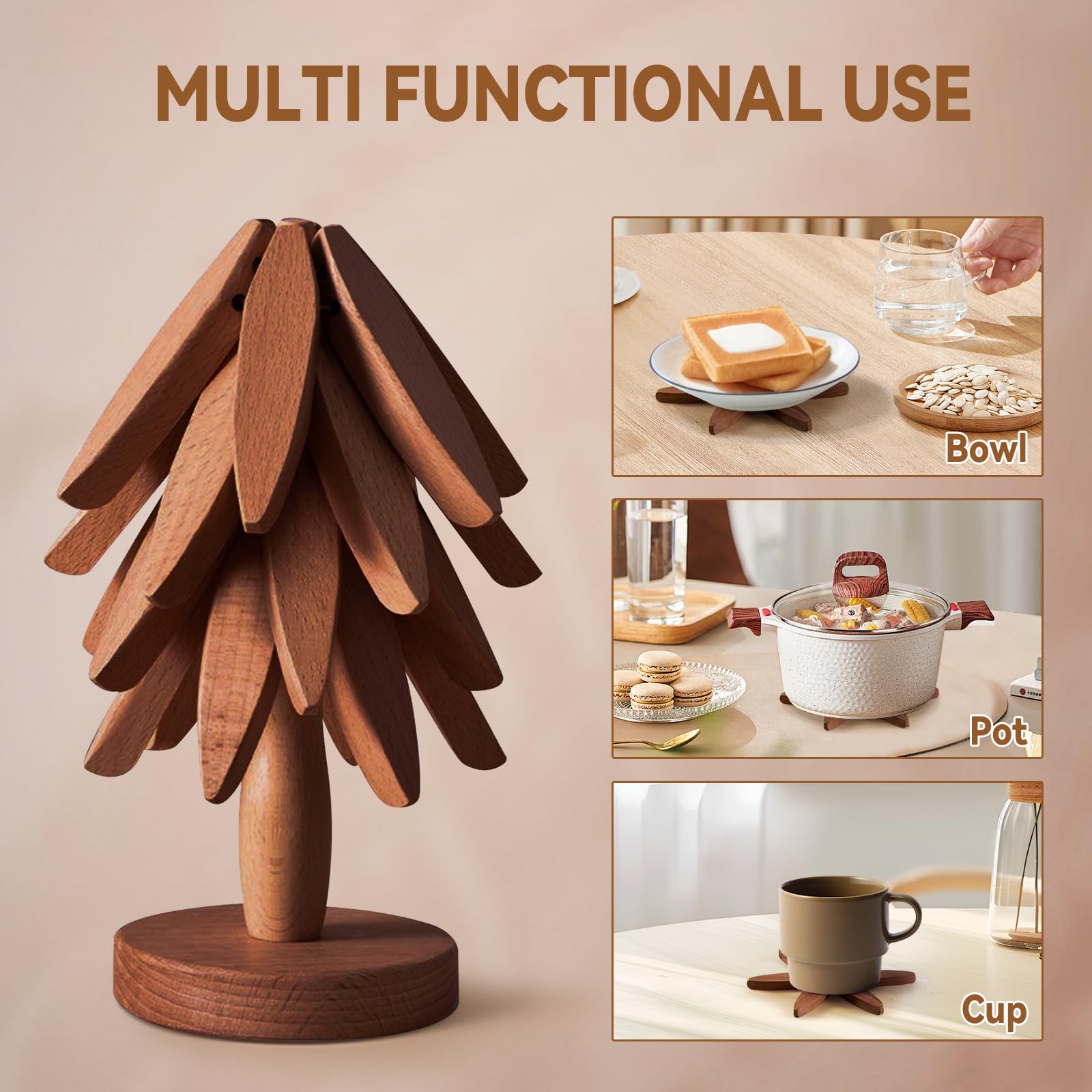 Sottopentola per pentole calde e padelle, sottopentola in legno a forma di albero, sottopentola per pentole calde (4 sottopentola in legno + 1 supporto), tovagliette creative a forma di albero di