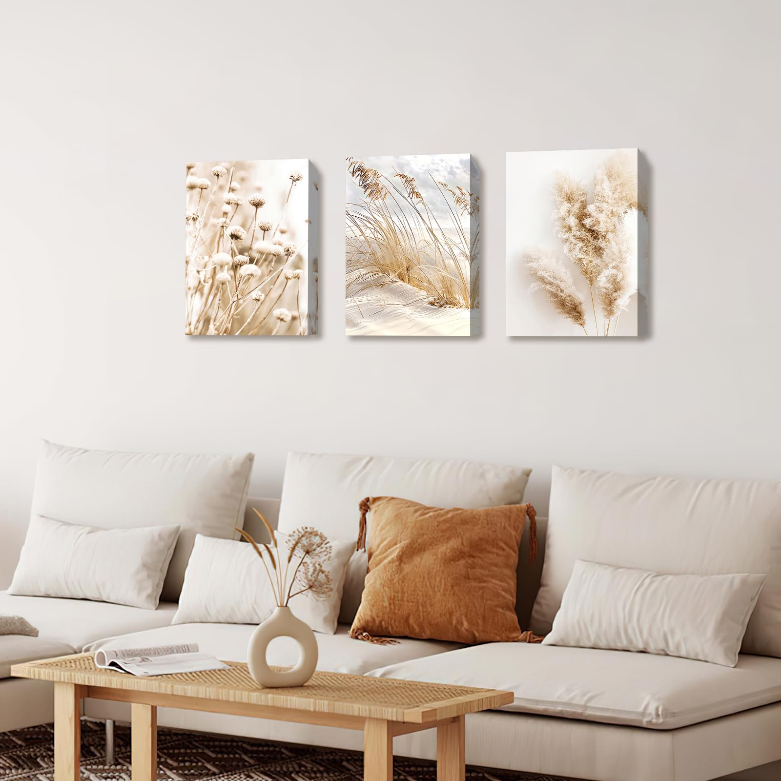 3Pcs Wooden Framed Canvas Wall Art Set Beige Dandelion Pampas Grass Reeds Painting Canvas Prints Coastal Beach Seascape Pictures for Living Room Bedroom Kitchen Hallway Stairs Wall Decor 30x40cm x3pcs — view 4
