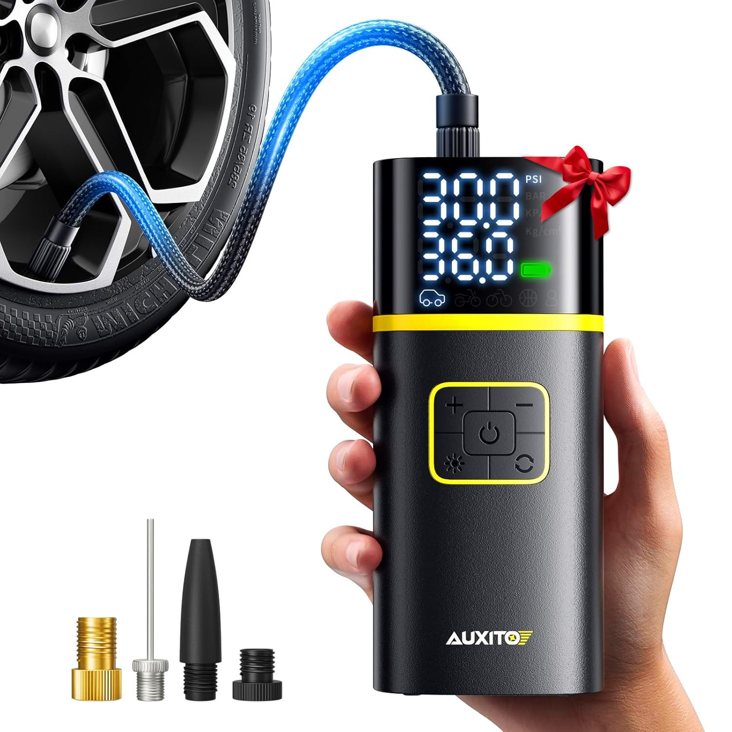 AUXITO Tire Inflator Portable Air Compressor - 150PSI Bike Pump 1Min Fast Inflate with Tire Pressure Gauge LED