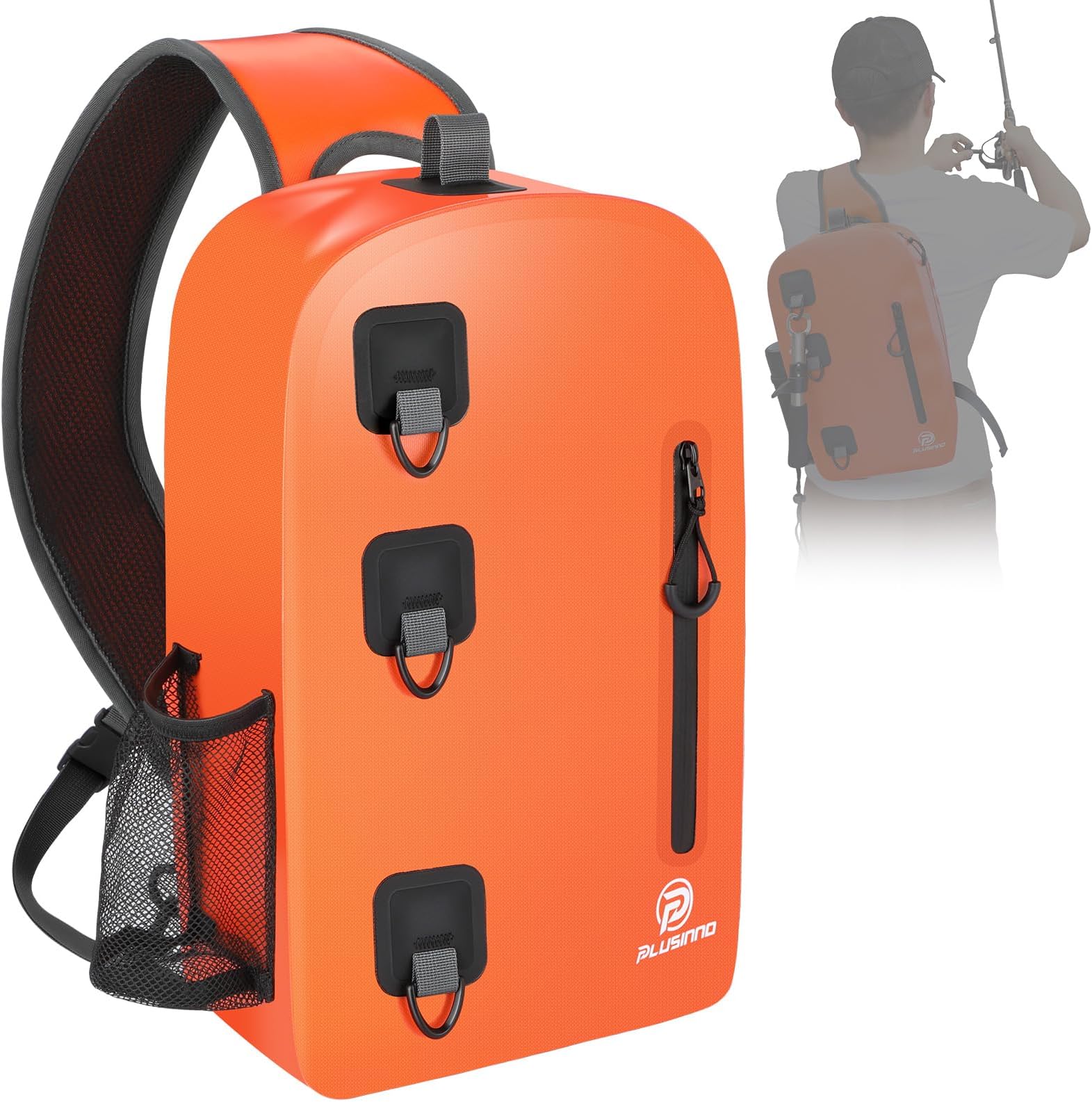 PLUSINNOWaterproof Fishing Backpack, 12L Fishing Sling Bag, Fishing Tackle Bag with Waterproof Zippers for Fishing, Kayaking, Boating, Fishing Gear and Equipment, Fishing Gifts for Men -Orange