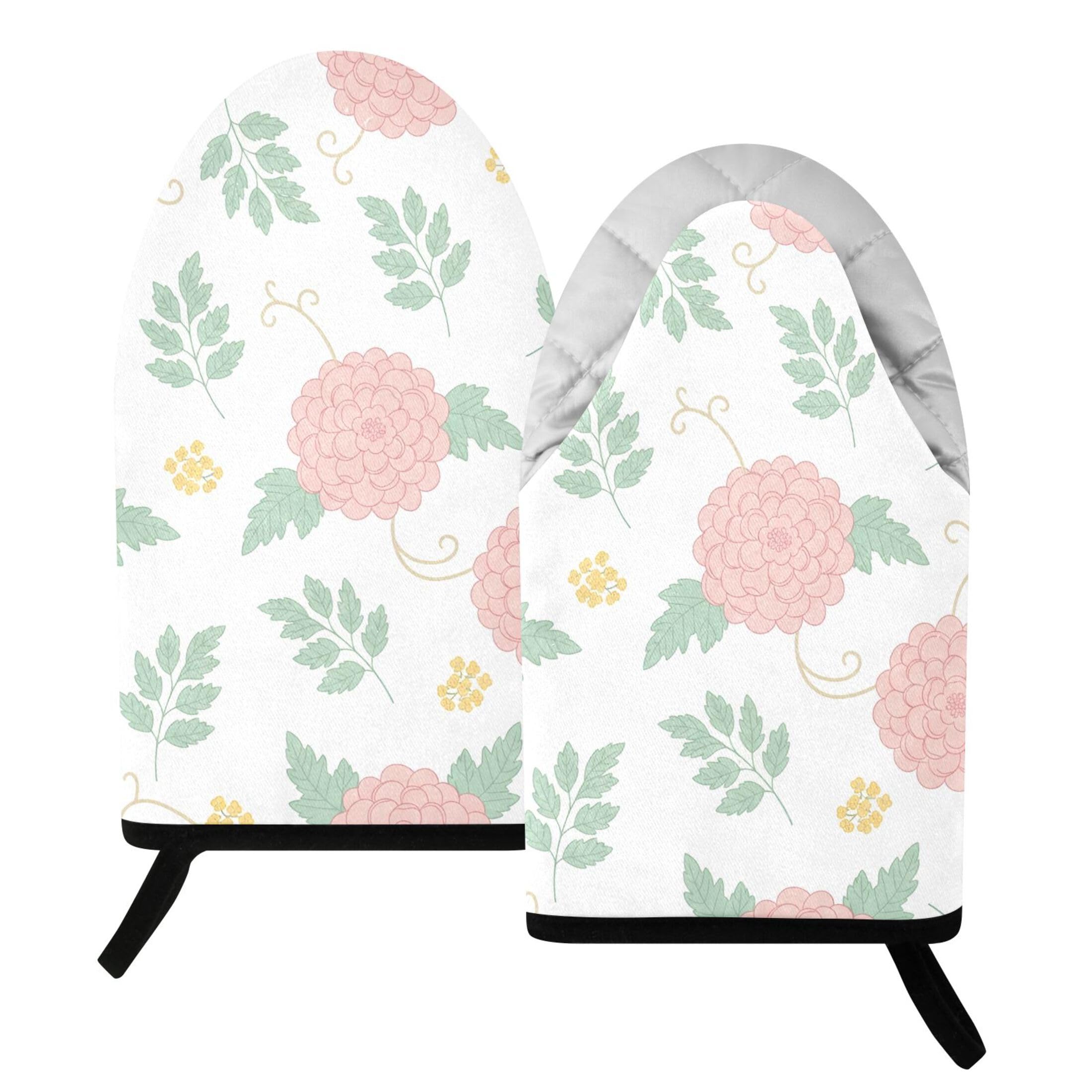 Kutsu Flowers Oven Mitts for Kitchen, Heat Resistant Cotton Oven Gloves for BBQ Baking Cooking, Breathable Kitchen Essentials, 2 pcs