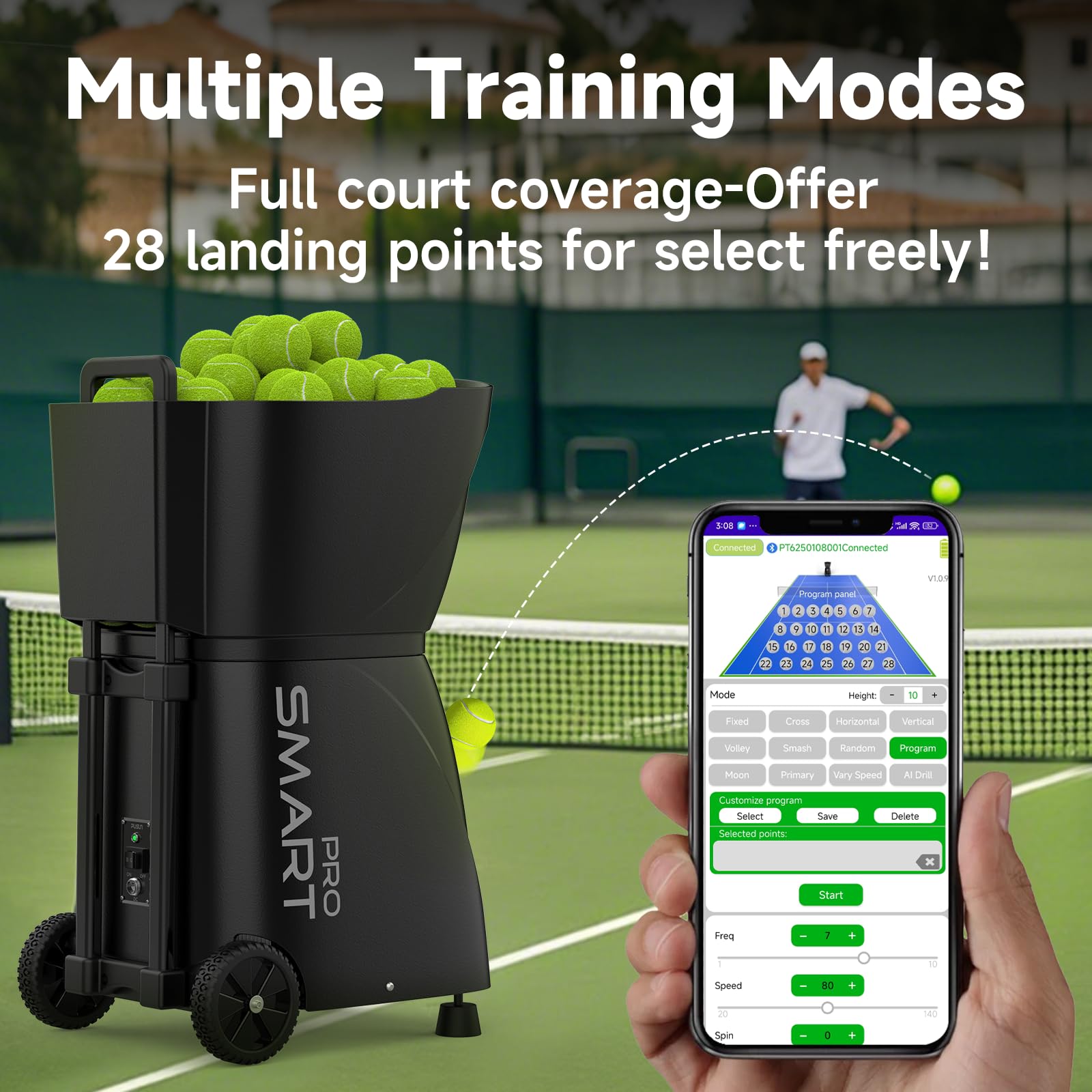 PUSUN PT-Smart Pro, macchina per lanciare palline da tennis, attrezzatura per allenamento professionale, doppio controllo tramite telecomando e app, capacità 115+palline, modalità di allenamento
