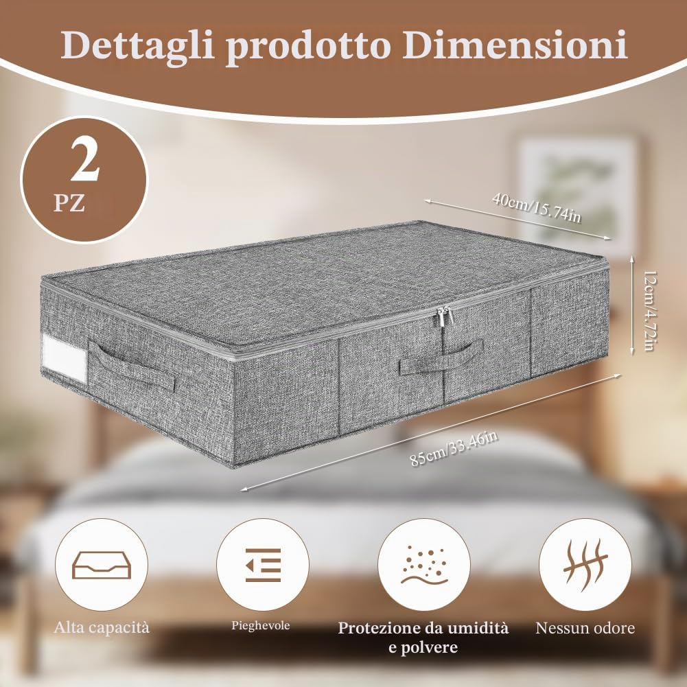 2 Cassettiera Sotto il Letto, Contenitore Sotto il Letto, con Coperchio e Maniglie, Pieghevole, 85 x 40 x 12 cm, per Vestiti, Coperte, Stabile Contenitore Sotto il Letto, Grigio