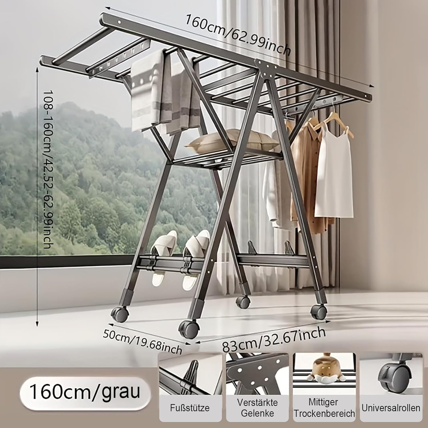 MOPUP Wäscheständer, Flügelwäschetrockner, DREI-Schichten Schwerlast Aluminium Klappbarer Wäscheständer, Geeignet für Lange Kleidung, Stabil & Langlebig, Für Innen- und Außenber