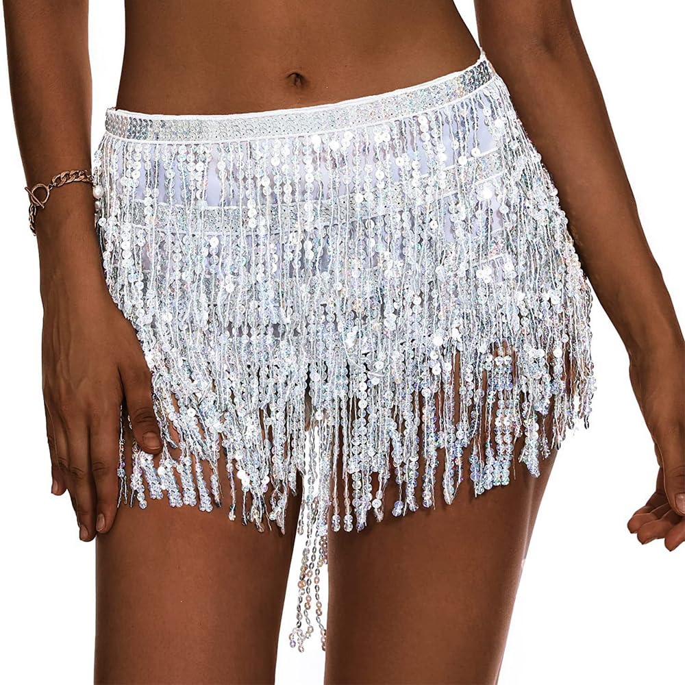 QKEPCY Falda con Borlas De Lentejuelas para Danza del Vientre, Bufanda De Cadera, Disfraz De Rave, Vestido con Falda De Flecos Rave Falda con Flecos para Mujeres y Niñas
