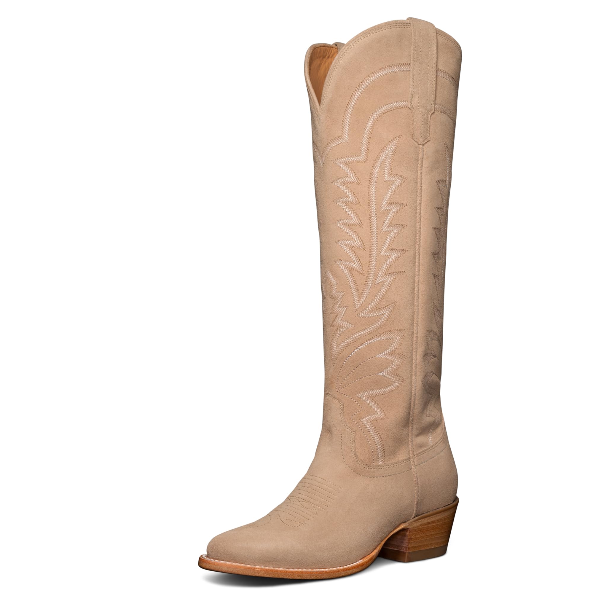 Cowboy Boots for Women Knee High Pointed Toe and Block Heel Cowgirl Faux Leather Boots with Embroidered