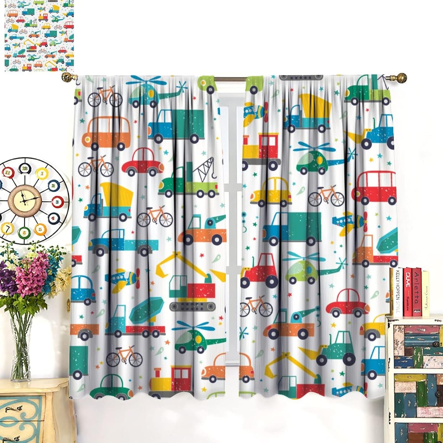 Cartoon Cars Print Blackout Curtains, Cute Shovel Trucks Transport Pattern Theme Home Fabric Kids Boys Girls Baby Bedroom Living Room Decor W42xL63in