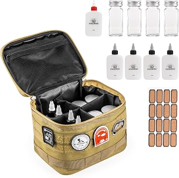 HIKEMAN Camping Portable Spice Set with 9 Spice Containers Pepper & Salt Spice Shakers, Separable Storage Bag for Outdoor Travel Camping BBQ Picnic Khaki
