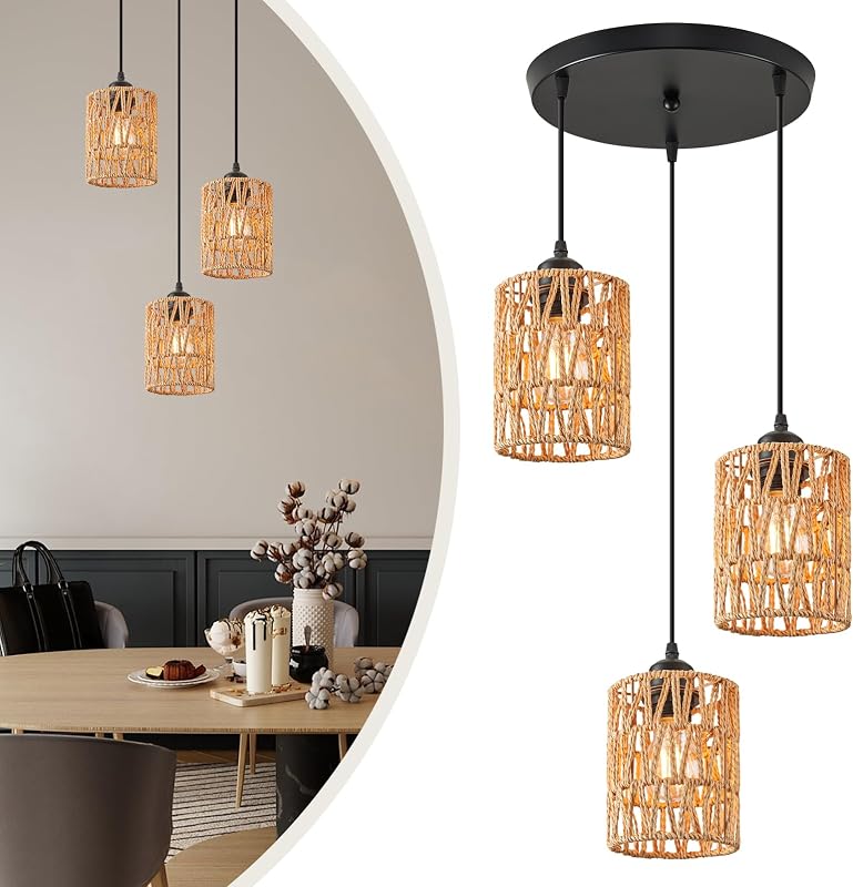 BRIMETI Rattan Függőlámpa 3 Égős - Vintage Mennyezeti Csillár, Állítható Magasság, E27 LED 60W, Barna Natur Rattan, Étkezőbe, Hálószobába