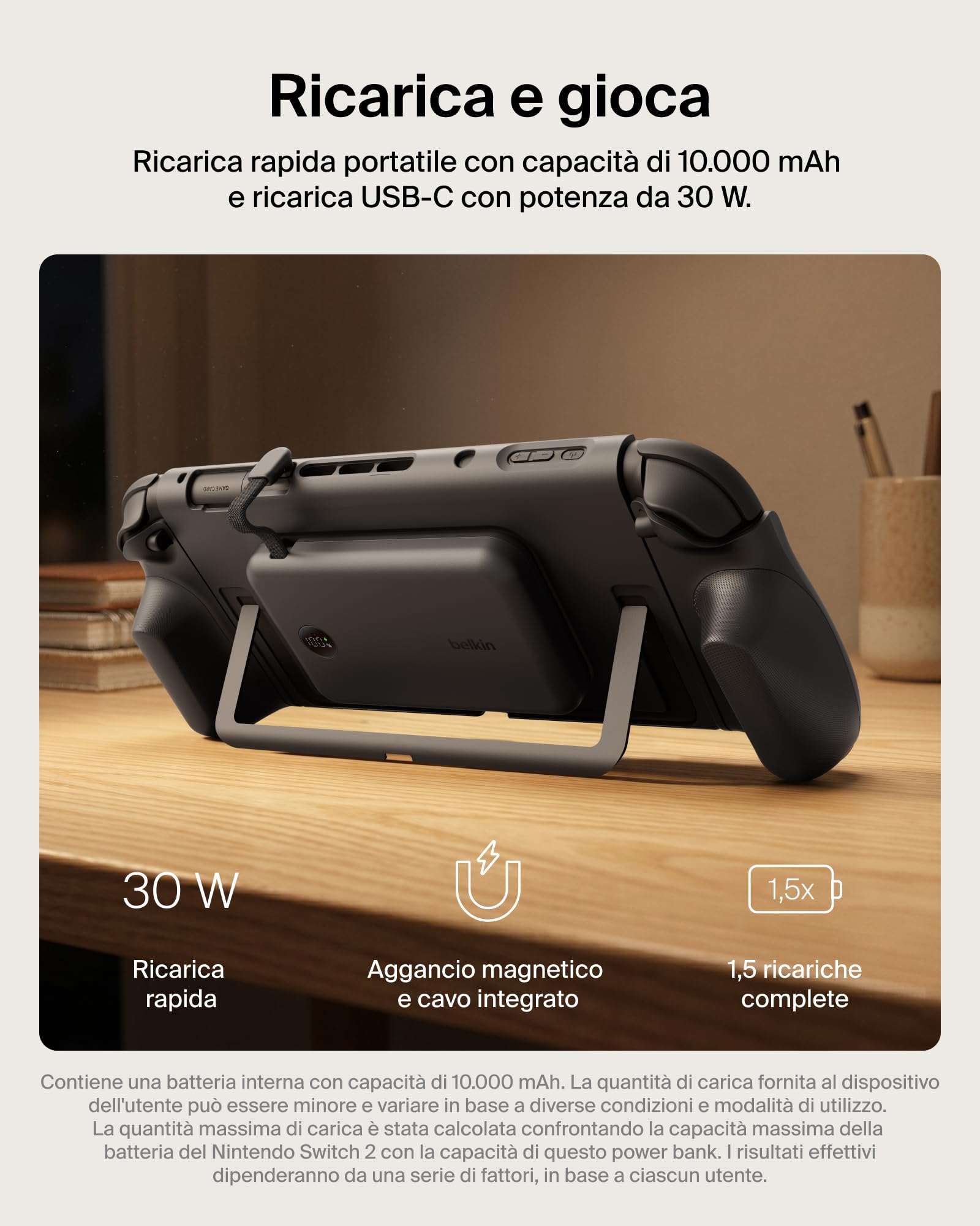 Belkin Gaming Impugnatura Ricarica Nintendo Switch 2, Power bank 10K, Nero | Caricatore Portatile 10000mAh, 30W, Caricatore Magnetico, Compatibilità Supporto, Maniglia Antiscivolo Ergonomica, Display