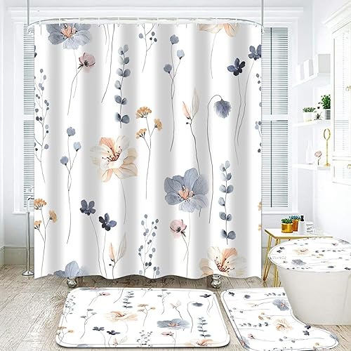 Miniatura 2 de DDQQ Juego de 4 cortinas de ducha de flores de acuarela con alfombras antideslizantes, cubierta para tapa de inodoro y tapete de baño, cortina de