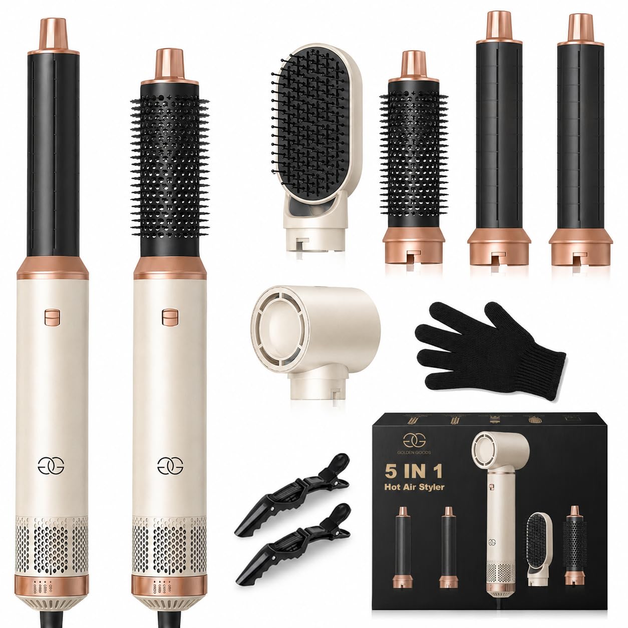 Airstyler 5-in-1, Multifunktionaler Hairstyler Set mit Warmluftbürste, Ionen Föhn, Professioneller Haar styler, Lockenstab Automatisch, Volumen Föhnbürste, Glätten und Locken, Zum Styling
