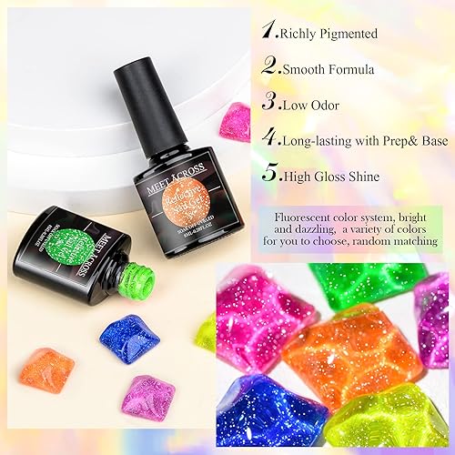 Miniatura 7 de MEET ACROSS Neon Reflektierender Glitzer-Gel-Nagellack, juego de accesorios de gel de gel de luz brillante, lámpara LED de inmersión