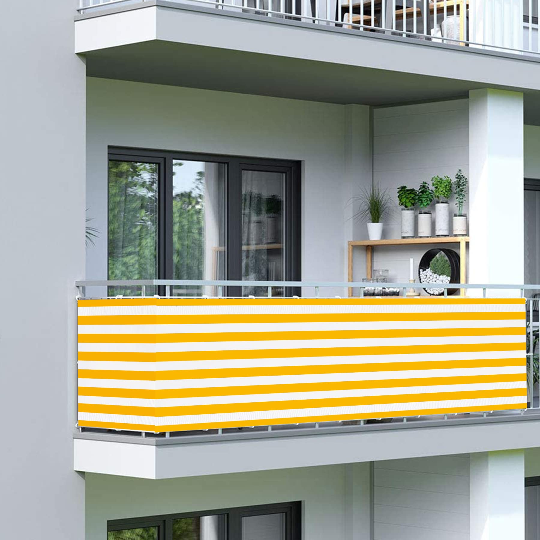 Balkon Sichtschutz Balkonverkleidung Balkonabdeckung Balkonumspannungen Windschutz 80x300cm Gelbe und weiße Streifen UV-Schutz und Windschutz Leicht Transparent mit Kabelbinder Aluminiumösen