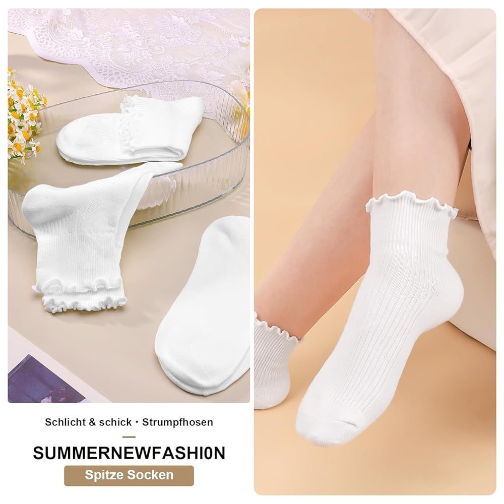 DvBCNMe 8 Paar Rüschensocken Damen - Weiche Baumwollsocken In Schwarz & Weiß