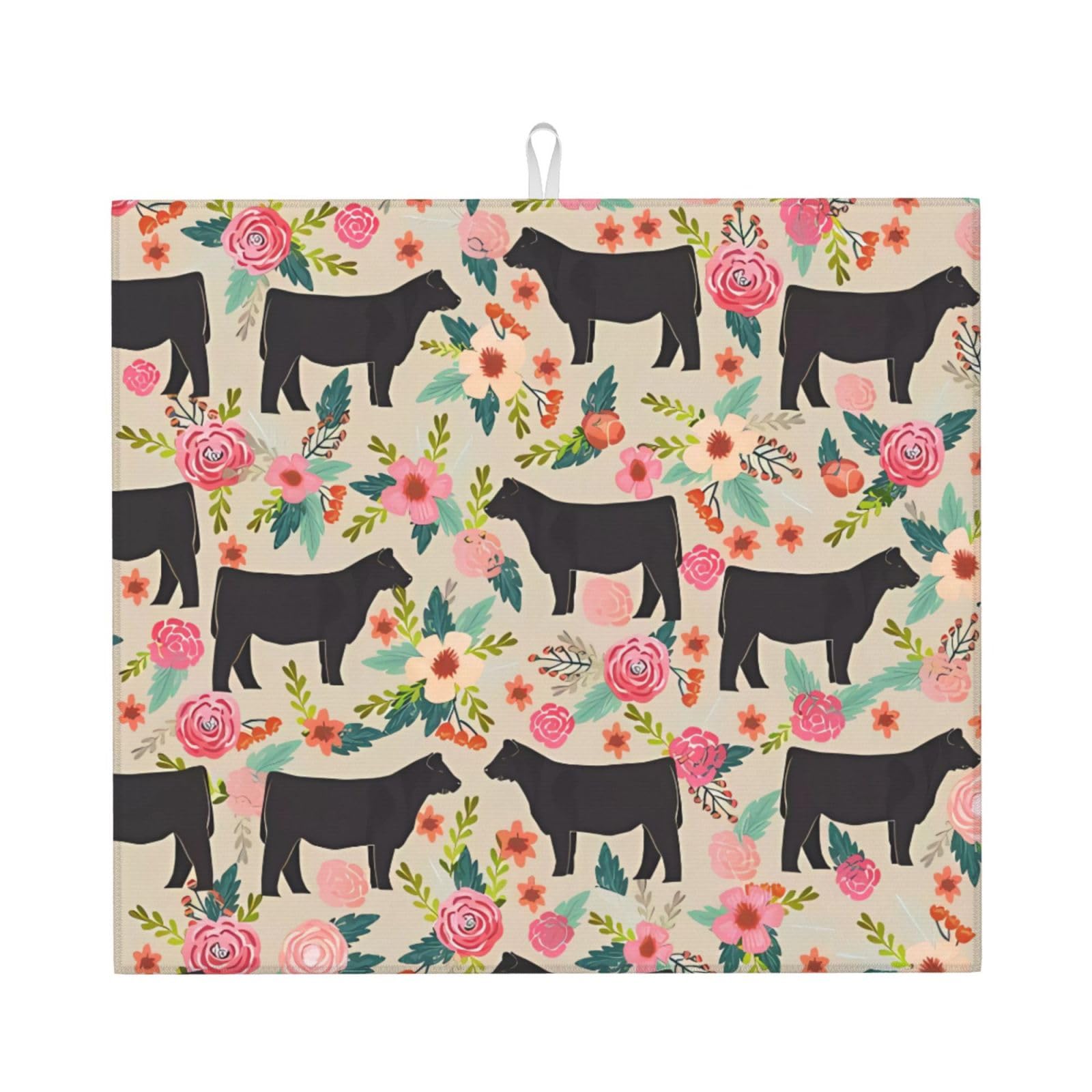 WHJSSF Pink Flower Show Steer Cows Cattle Prints Kitchen Drying Mat – Absorbent Dish Throw for Countertops, Quick-Dry Non-Slip Layer with Stylish Prints, Ideal Housewarming Gift