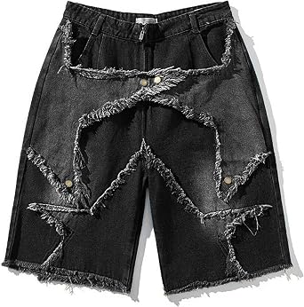 Womens Jean Shorts Star Patchwork Wide Leg Elastic Waist Drawstring Y2k Baggy Denim Shorts