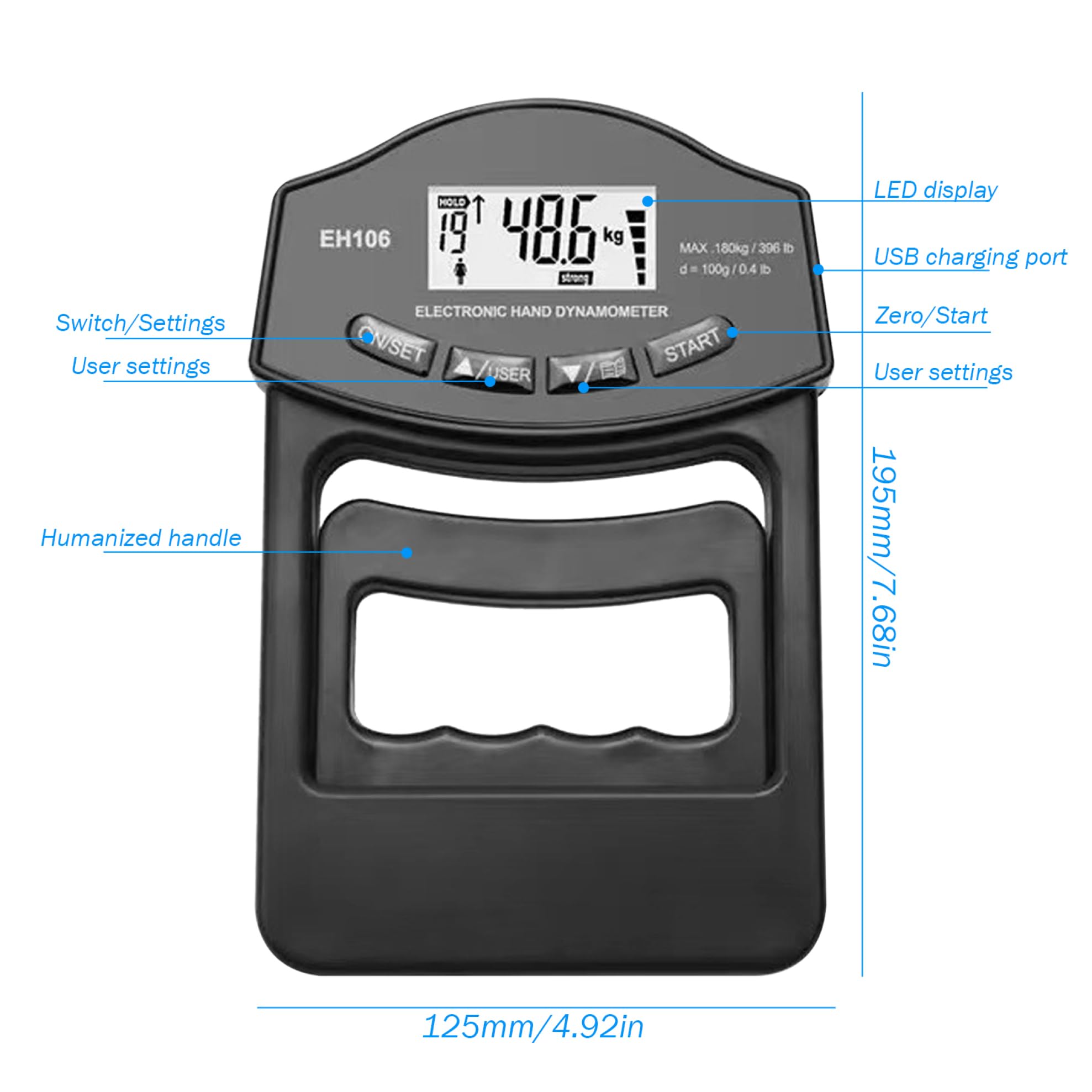 Grip Strength Tester, 180kg / 396lb Grip Dynamomètre à main - Contrôle du dispositif de mesure numérique de la poignée numérique Power, Testeur de poignée USB / pip à batterie pour sport, école, mais