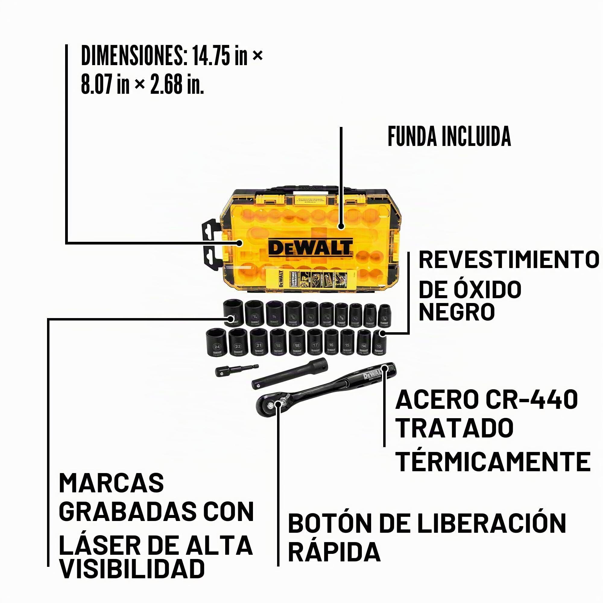 DEWALT Metric/SAE DWMT74739 - Juego de llaves de vaso de impacto (1/2", 23 piezas)