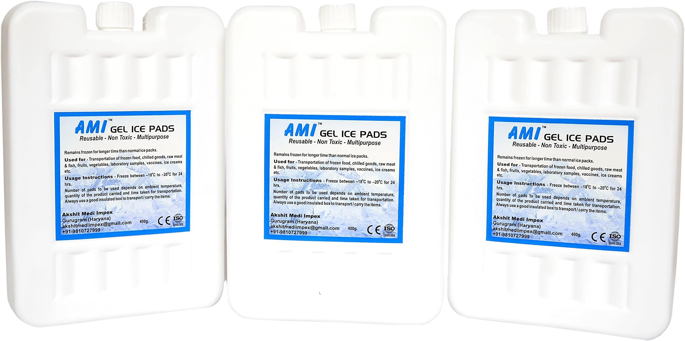 AMI Gel Ice Pack Pads For Ice Box Pack of 3 x 400 gms each ISO CE Certified