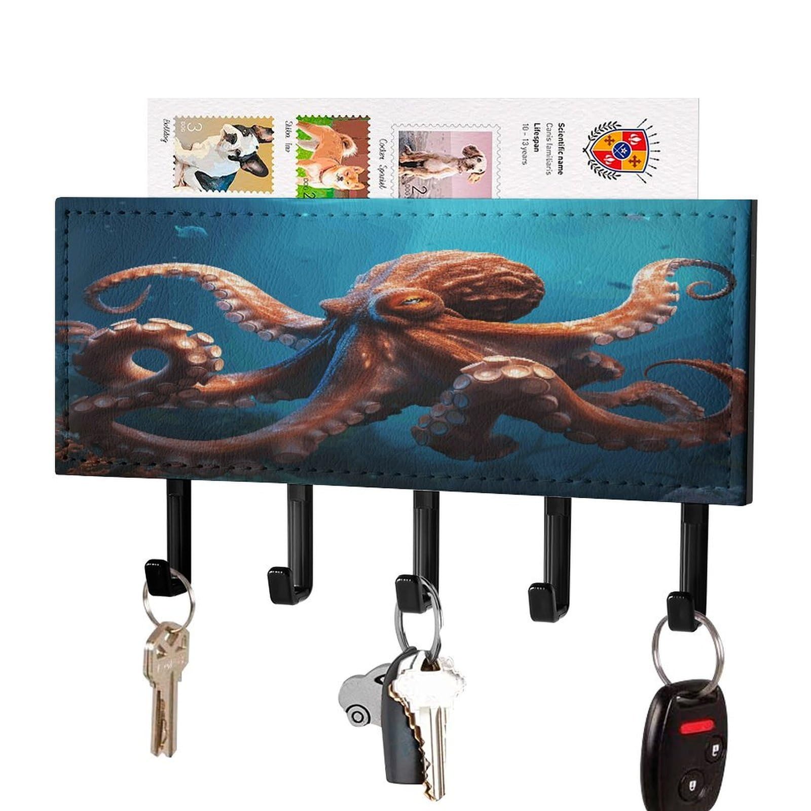 Ocean Animal Octopus Key Holder for Wall Mount Key Hooks Key Rack with Self Adhesive PU Key Hanger Personalized Key Organizer Rack with 5 Hooks for Hallway Door Entryway