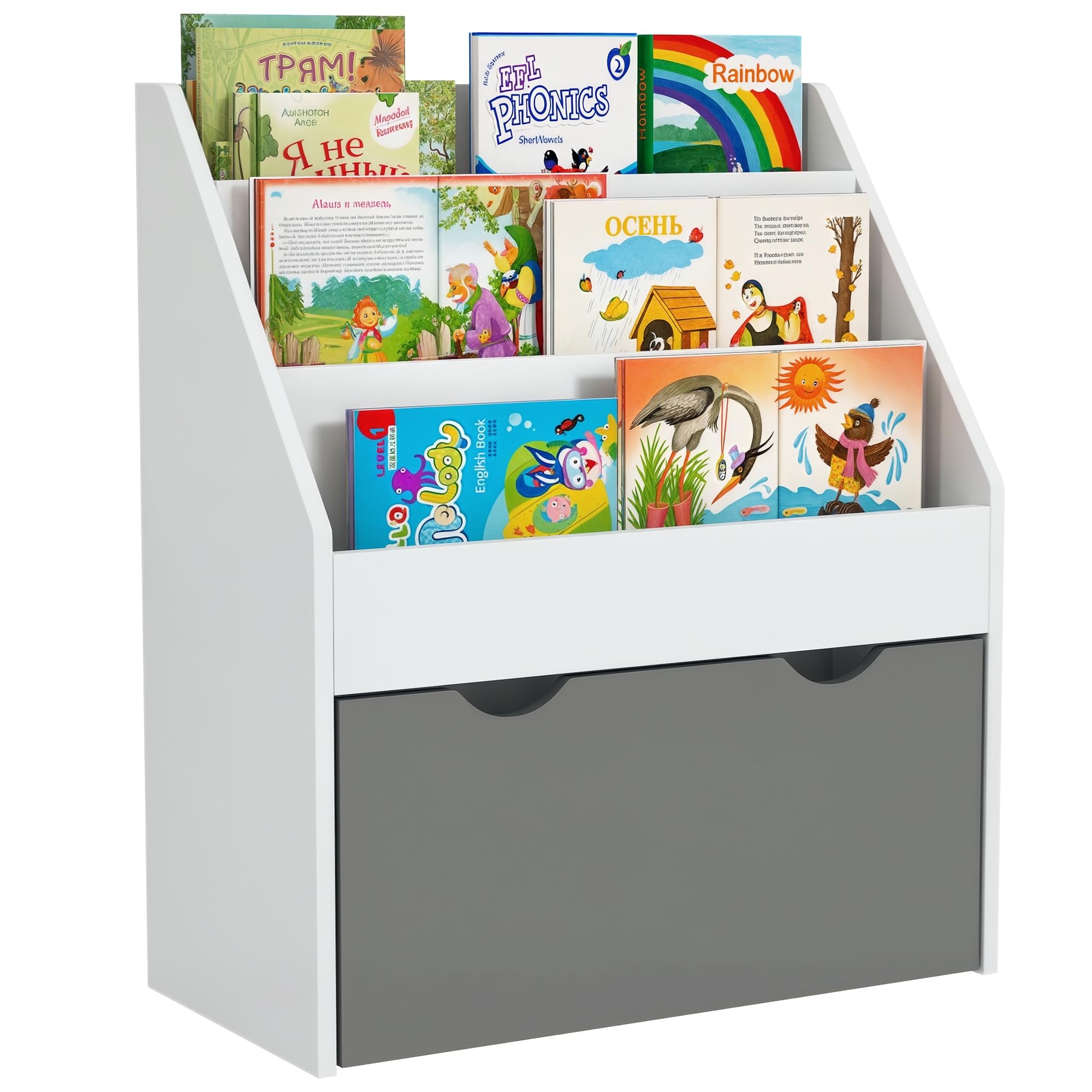 AIYAPLAY Bücherregal für Kinder, 62,5 x 30 x 70 cm (L x B x H), Grau und Weiß | Für Bücher und Spielzeug, multifunktional, 3 Regalebenen, Schublade