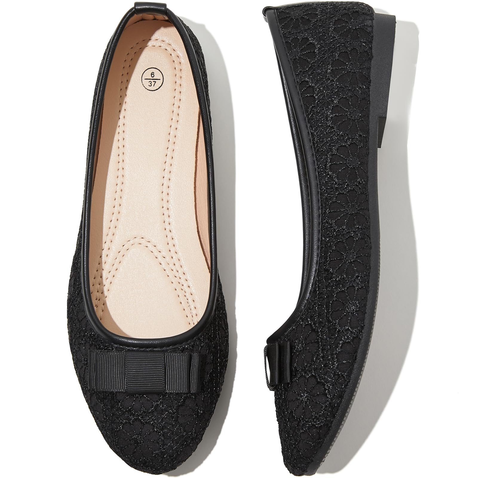 Shupua Black Flats for Women Lace Wedding Shoes Womens White Flat Dressy Comfortable Slip on Ballet Flats Shoes