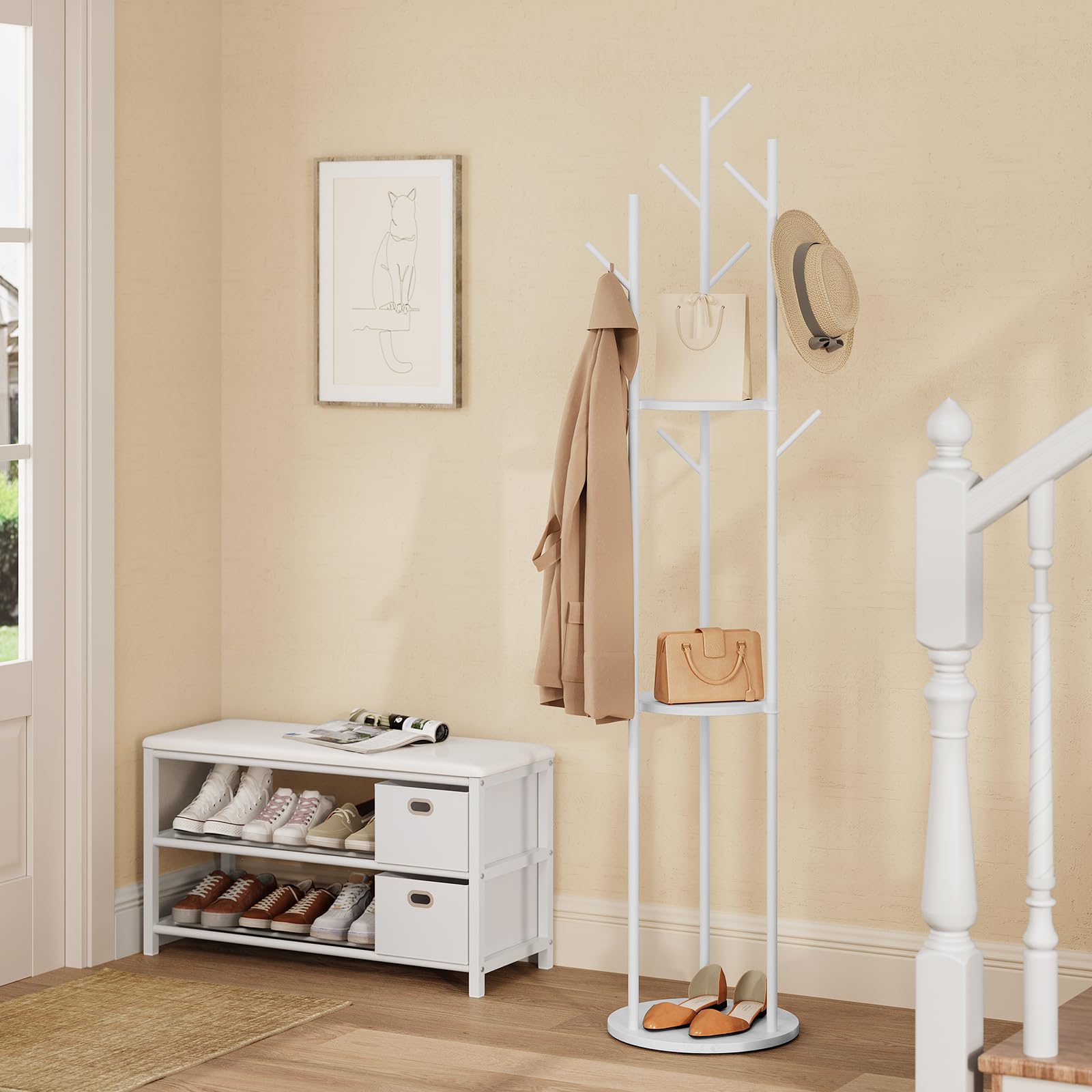 eSituro Appendiabiti, Porta Abiti da Terra a Forma di Albero, con 9 Ganci e 3 Ripiani, Appendiabiti in Metallo con Base in Marmo per Corridoio/Camera da Letto/Ufficio, Bianco