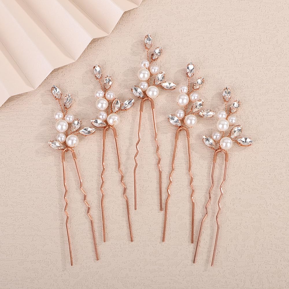 Teyglen 5pcs Bridal Rhinestone Pearl Wedding Hair Pins for Bride Crystal Hair Pins Clips Elegant Hair Accessories for Women Wedding Party Prom Head Piece(Silver)