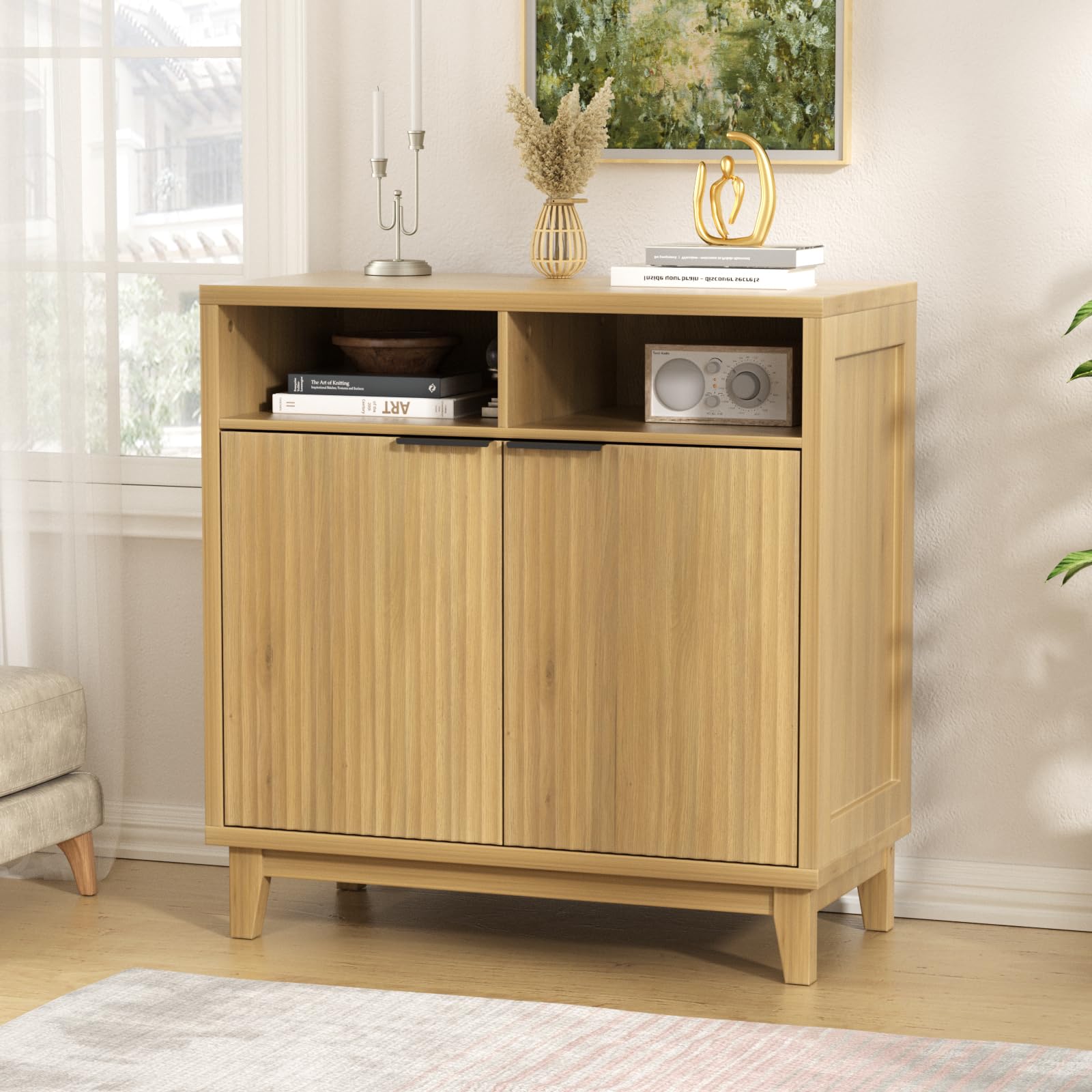 Halitaa Fluted Sideboard Cabinet with Wavy Door Panel, Solid Wood Leg & Adjustable Shelf, Quality MDF Storage Cabinet for Entryway, Living Room,