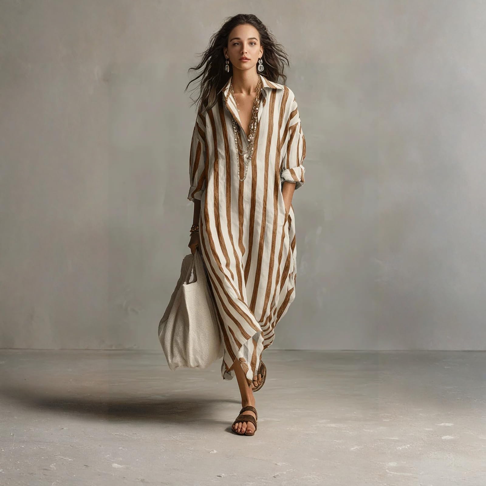 Saymany Blusenklied Damen Lang Langarm Leinenkelid Sommerkleid Damen Leicht Und Luftig V-Ausschnitt Maxikleid Strandkleid Mit Taschen Gestreift Tunika Kleid Hemdkleid Elegant A Lin Hemdblusenkleid