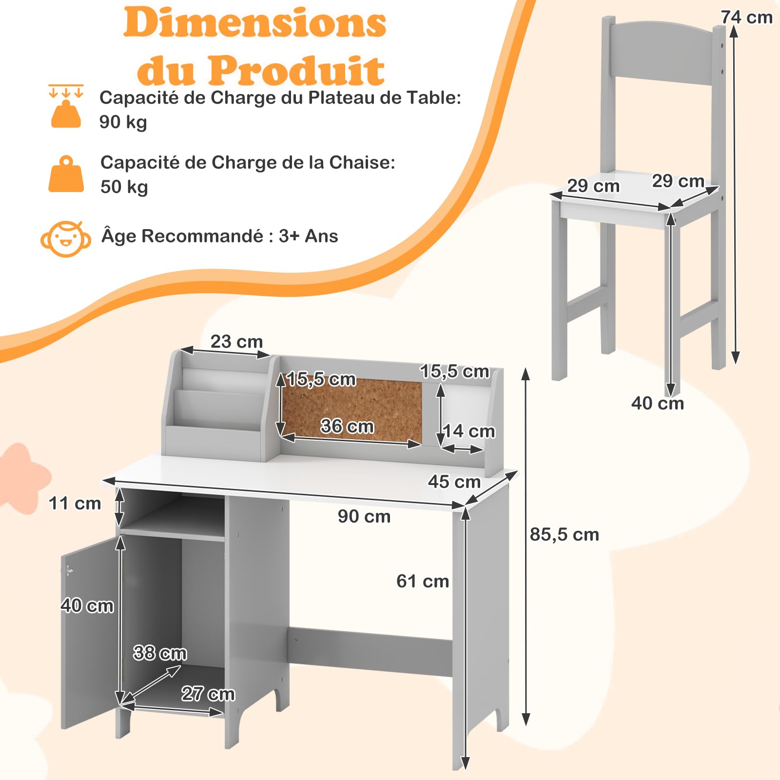 COSTWAY Bureau Enfant Garçon Fille avec Chaise Bibliothèque Tableau d'Affichage, Table Enfant Bois Étagère Armoire Rangement, Charge 50/90kg 3 Ans+ Gris