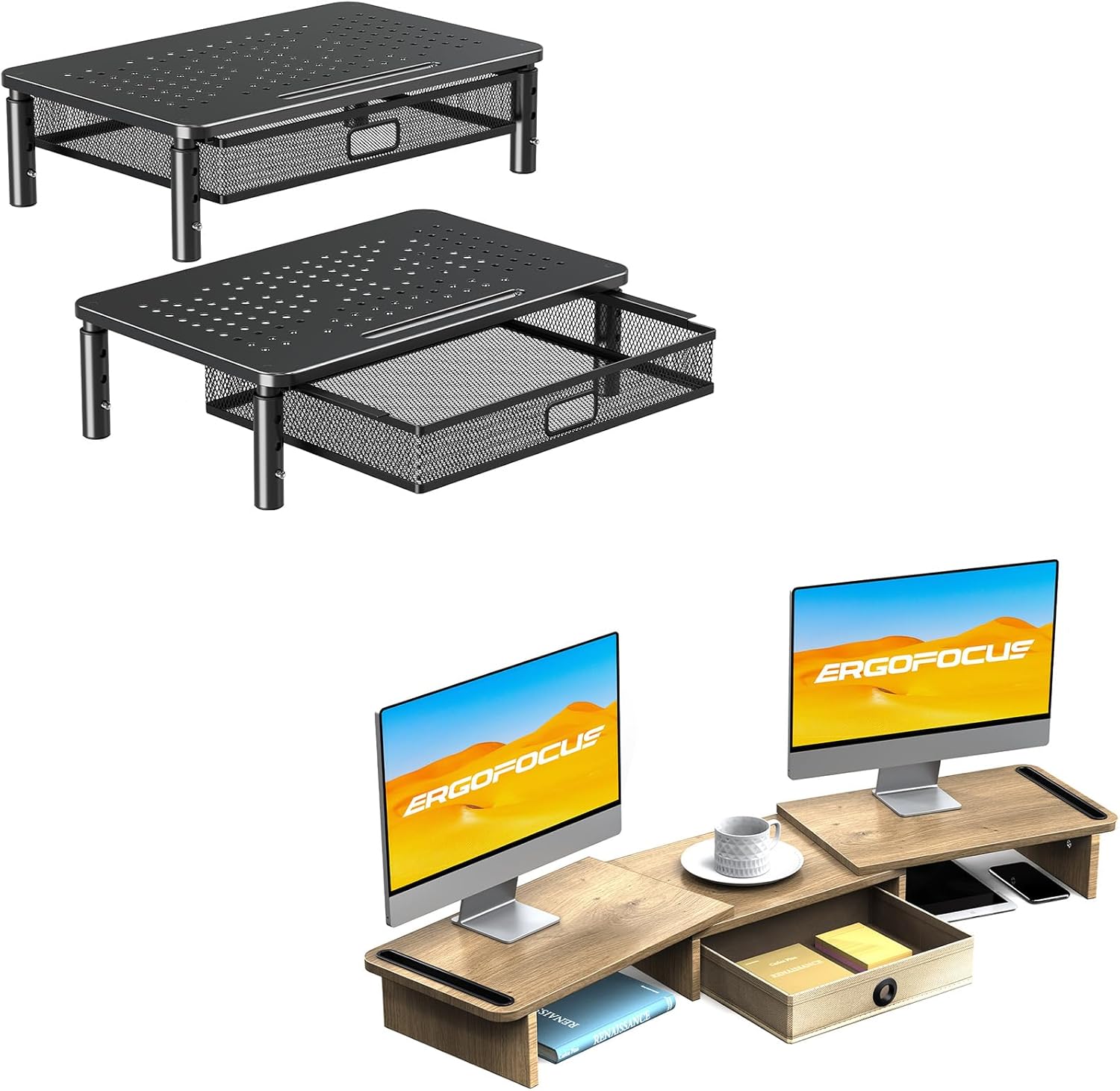 Amazon.com: ELIVED 2 Pack Monitor Stand Riser with Drawer + Dual ...