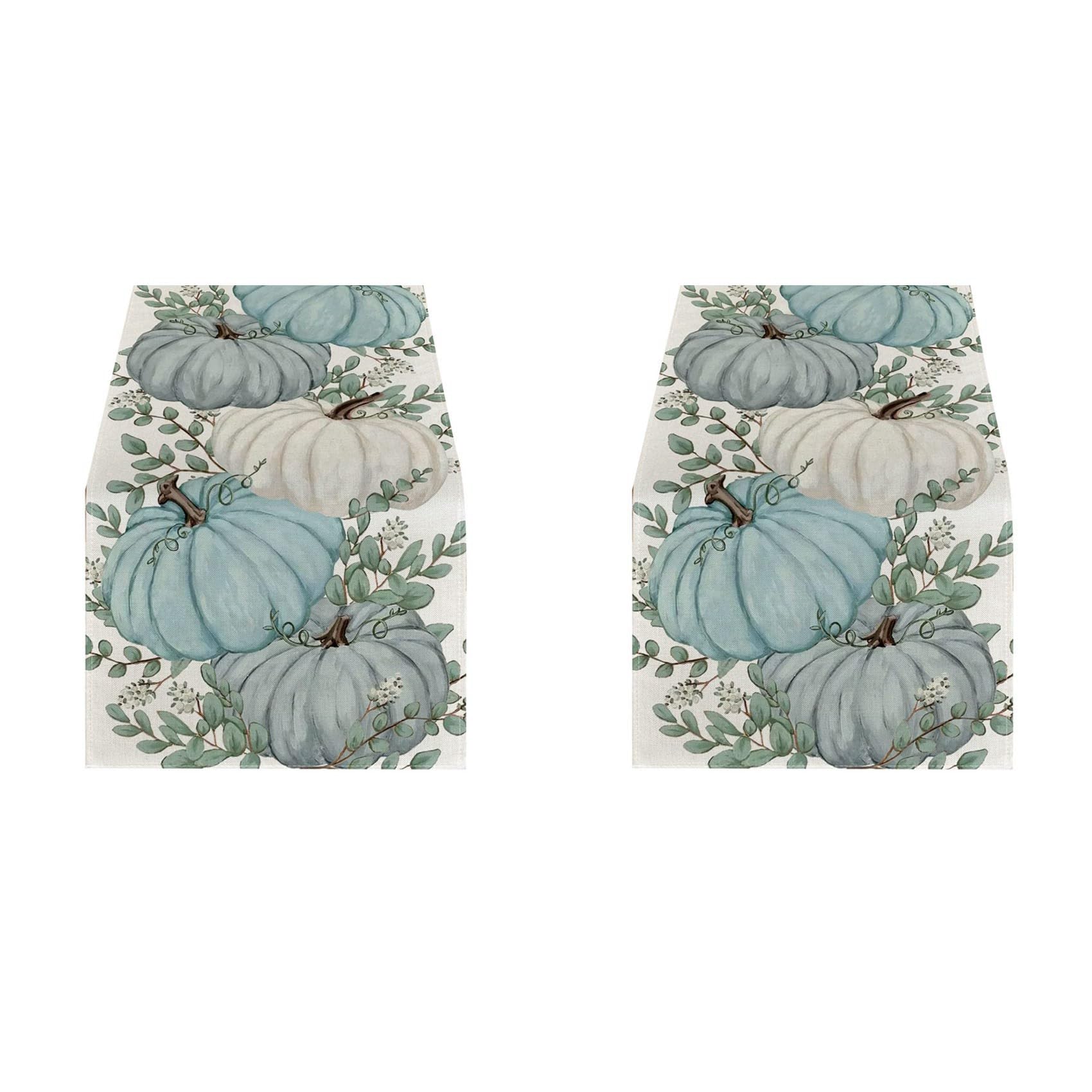 Vjsujehgy 2X Fall Eucalyptus Leaves Pumpkins Table Runner, Autumn Thanksgiving Kitchen Dining Table Decoration for Indoor A