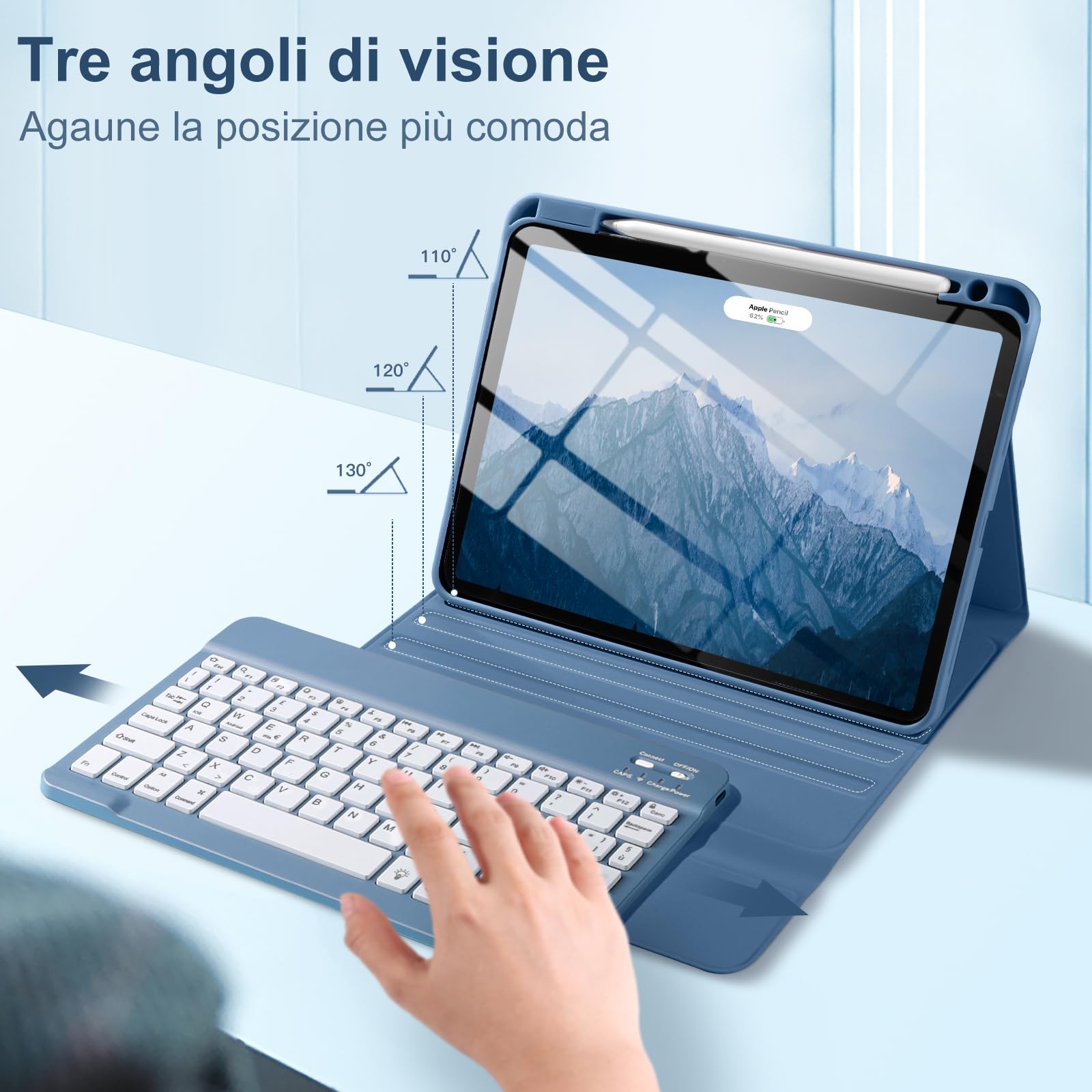Vobafe Cover con Tastiera per iPad Air 11 Pollici M2 2024/Air 5 4 Generazione, Retroilluminazione a 7 Colori, Tastiera Staccabile Senza Fili Supporto per Matita, Layout Italiano, Blu
