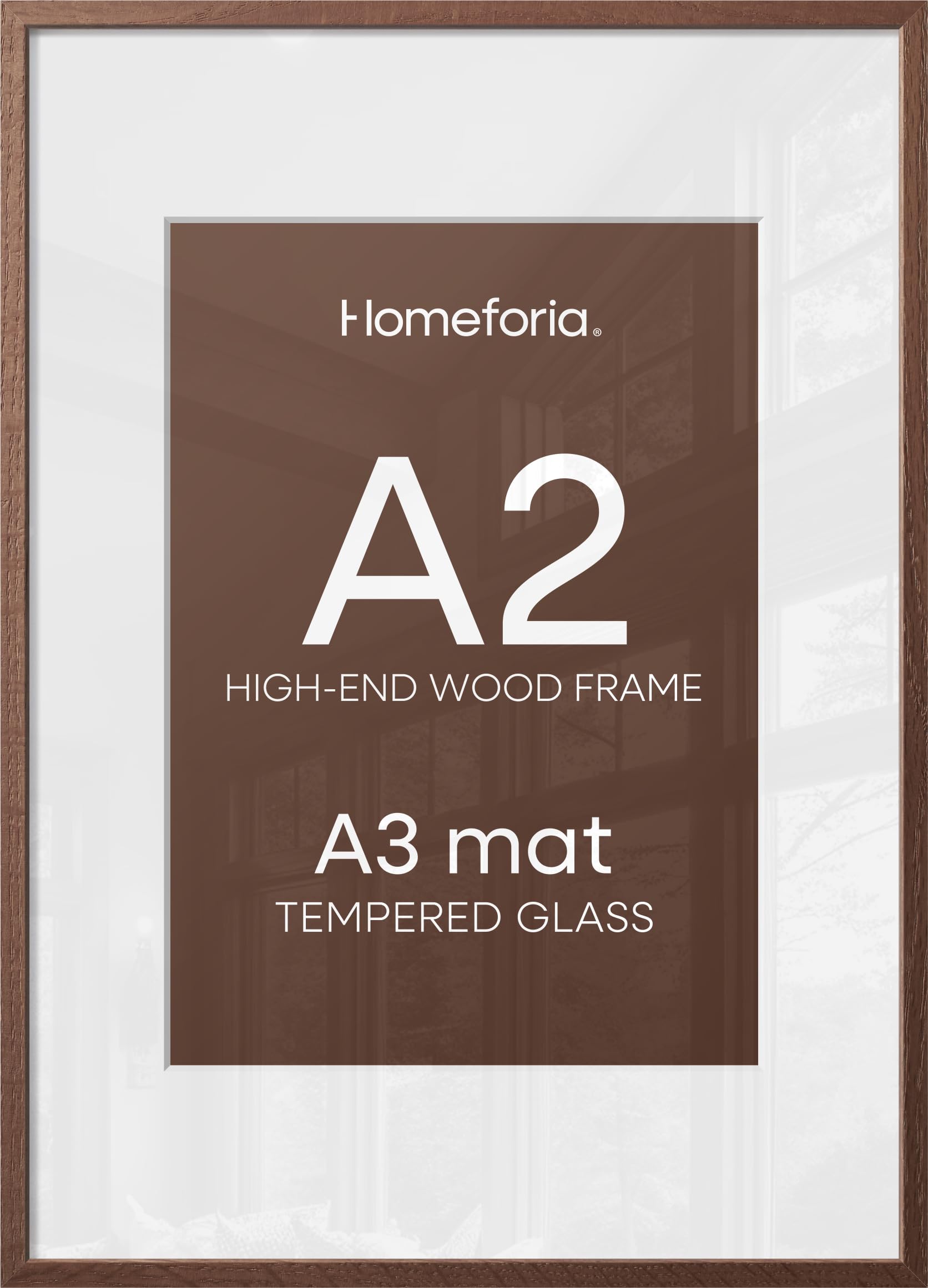 Homeforia A2 Brown Oak Picture Frame, High-End Wood, A3 Mat, Glass | High End Solid Oak Wood, Tempered Glass, Acid-Free A3 Removable Mat, A2 Edge-to-Edge Display, Wall Kit, Set Of 2