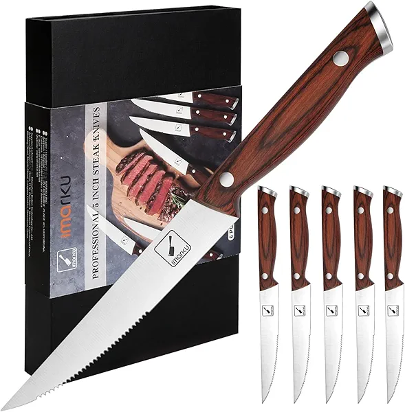 imarku Steak Knives Set of 6, 9-Inch Serrated Steak Knife Set, Japanese High Carbon Stainless Steel, Razor-Sharp Blades with Gift Box 6PCS