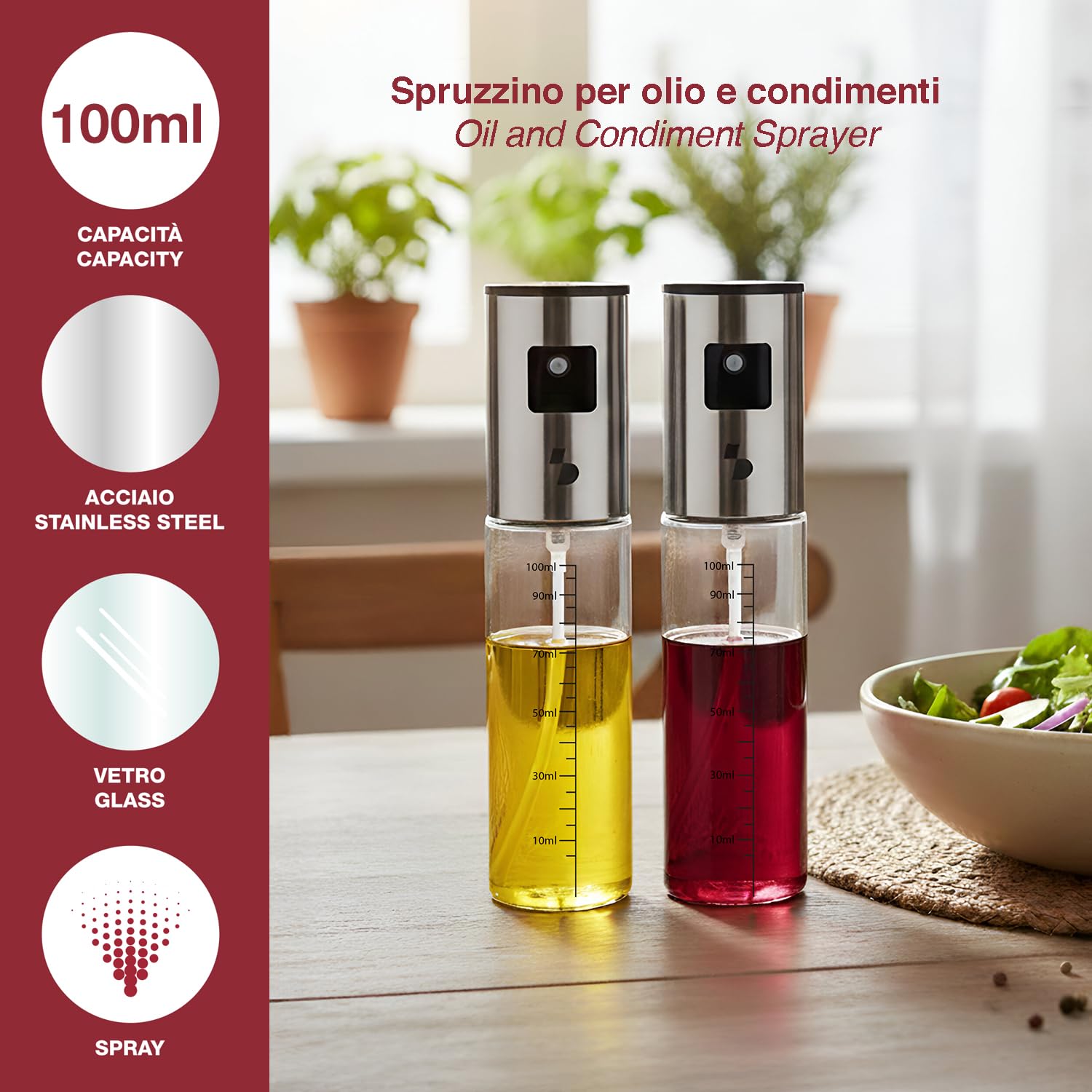 BEPER C102SPE100 Szklany spryskiwacz do oleju do frytkownic powietrznych, 100 ml, spryskiwacz do oleju, octu, cytryny i przypraw, bez BPA
